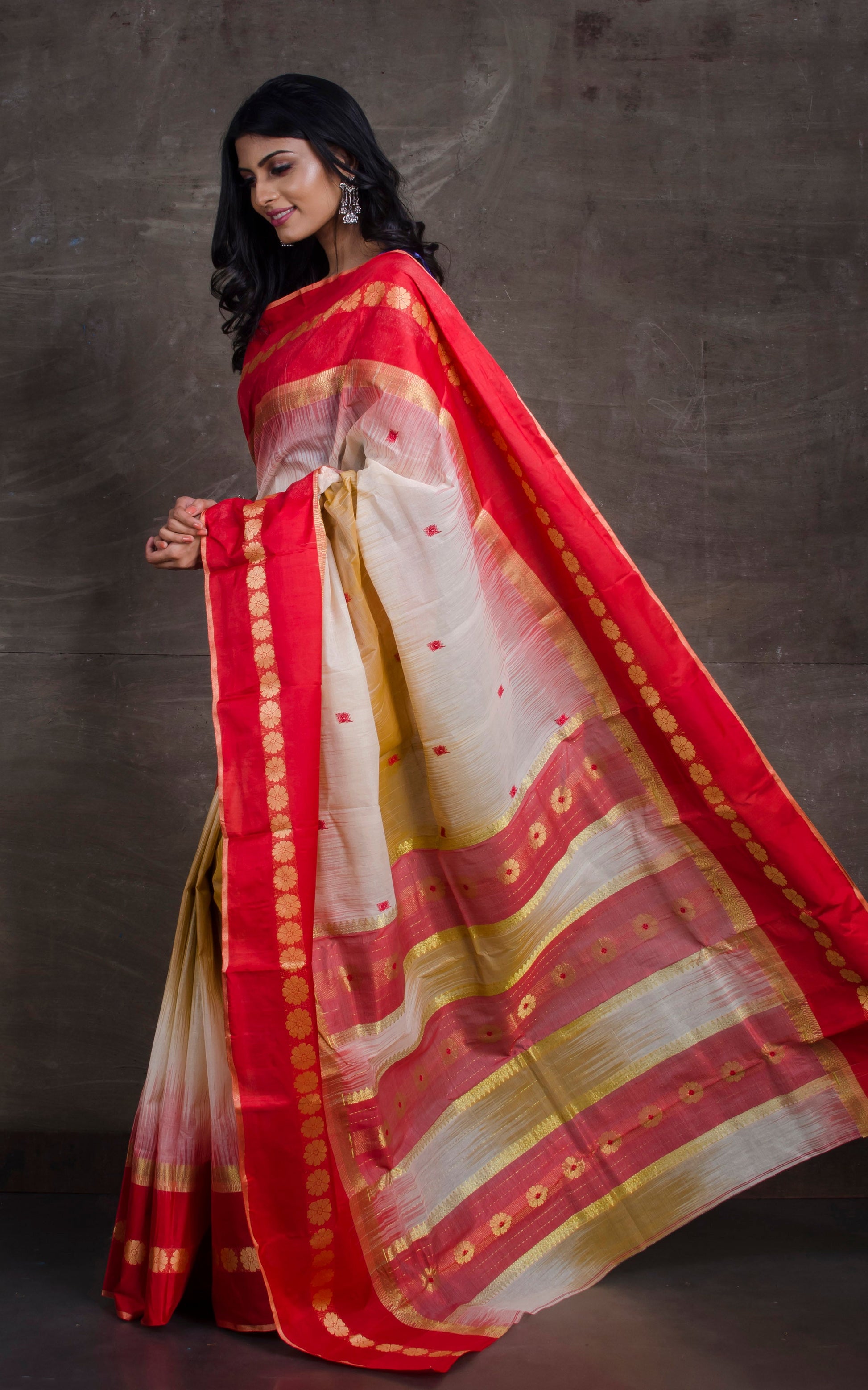 Traditional Mahapar Bengal Tussar Satin Silk Saree in Warm Beige, Red and Off White