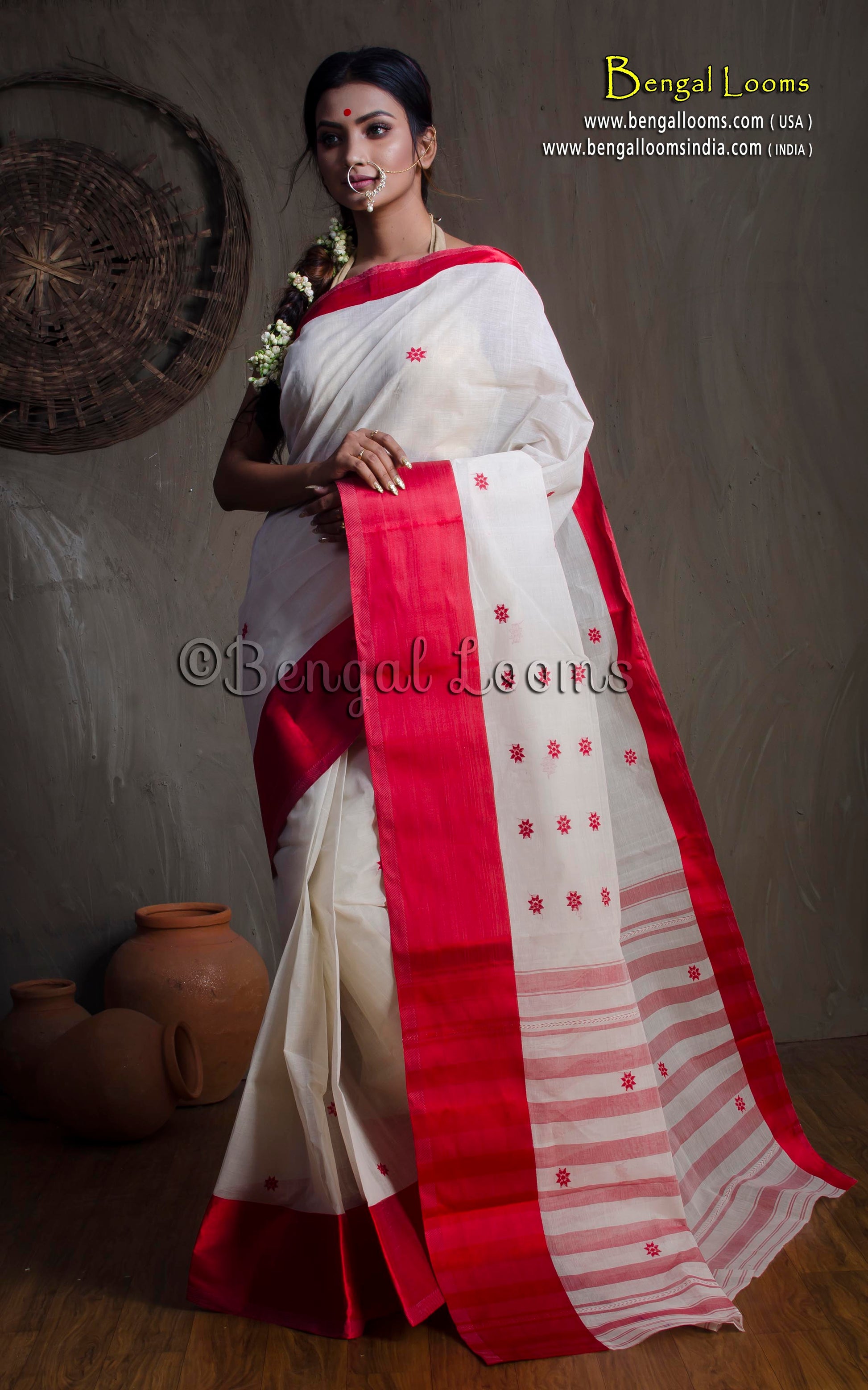 Bengal Handloom Satin Silk Border Cotton Saree in White and Red