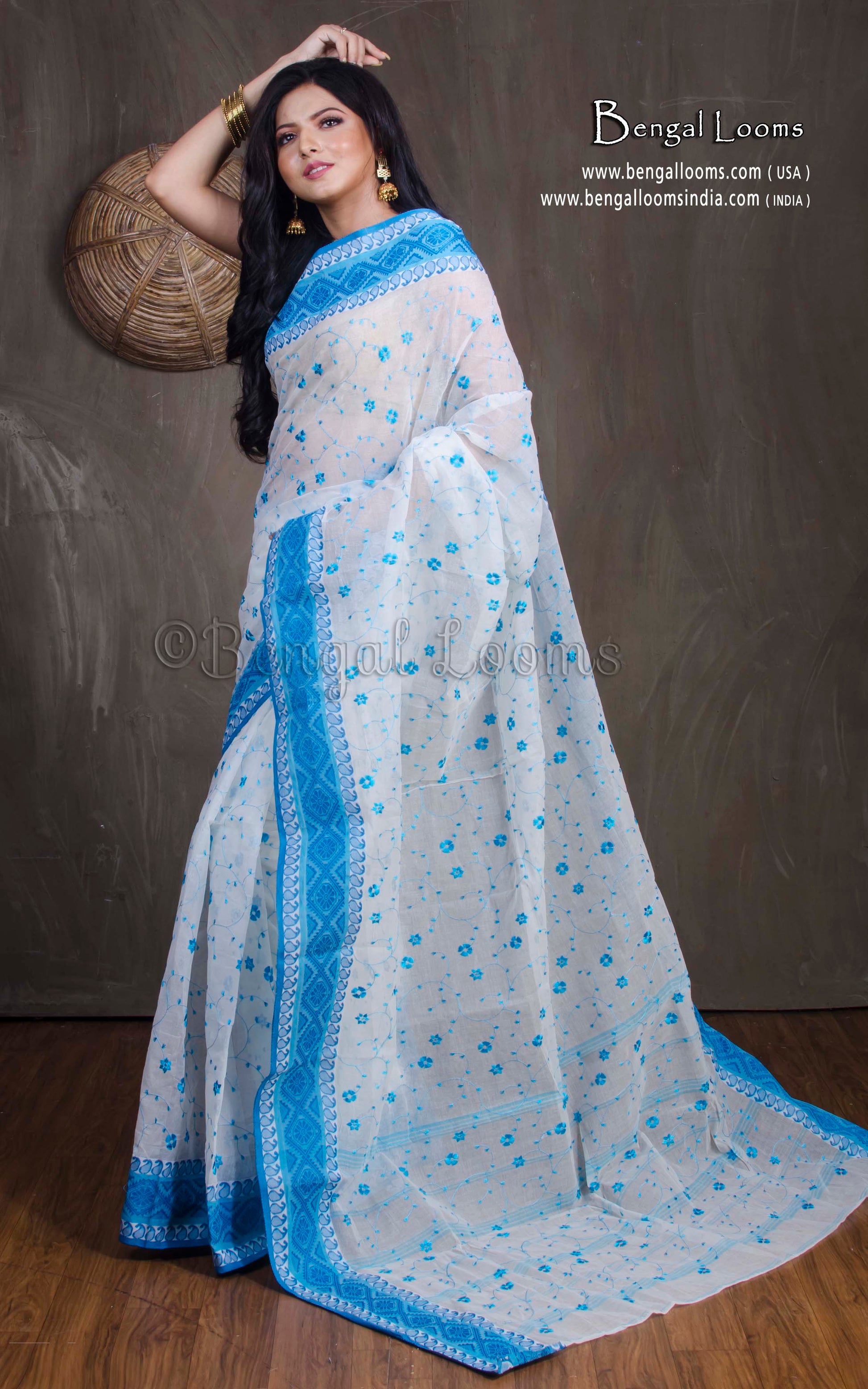 Bengal Handloom Cotton Saree with Floral Jaal Embroidery Work in White and Blue