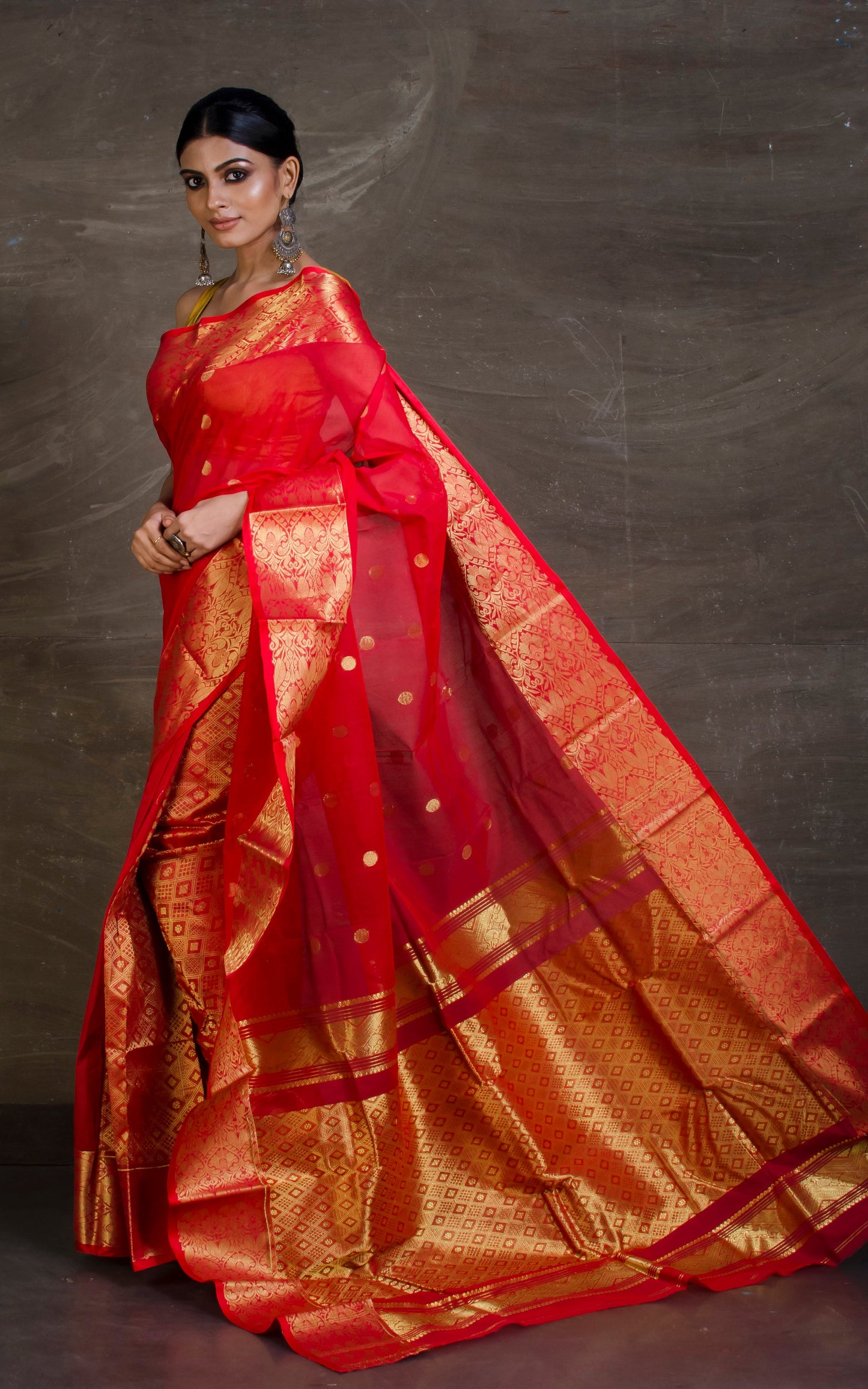 Bengal Handloom Tanchui Work  Patli Pallu Saree in Vermilion Red and Gold from Bengal Looms India