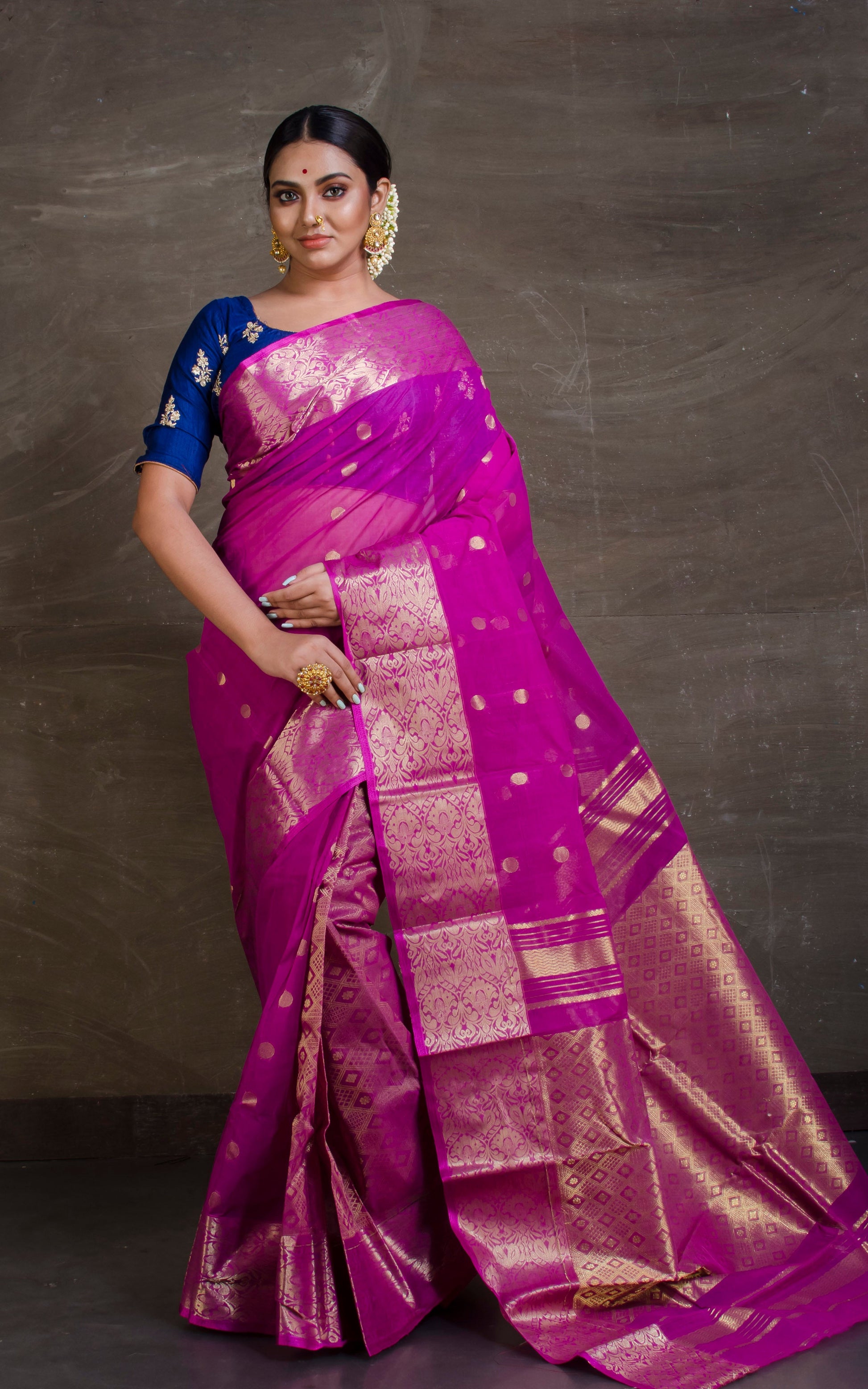 Bengal Handloom Tanchui Work  Patli Pallu Saree in Magenta and Gold from Bengal Looms India