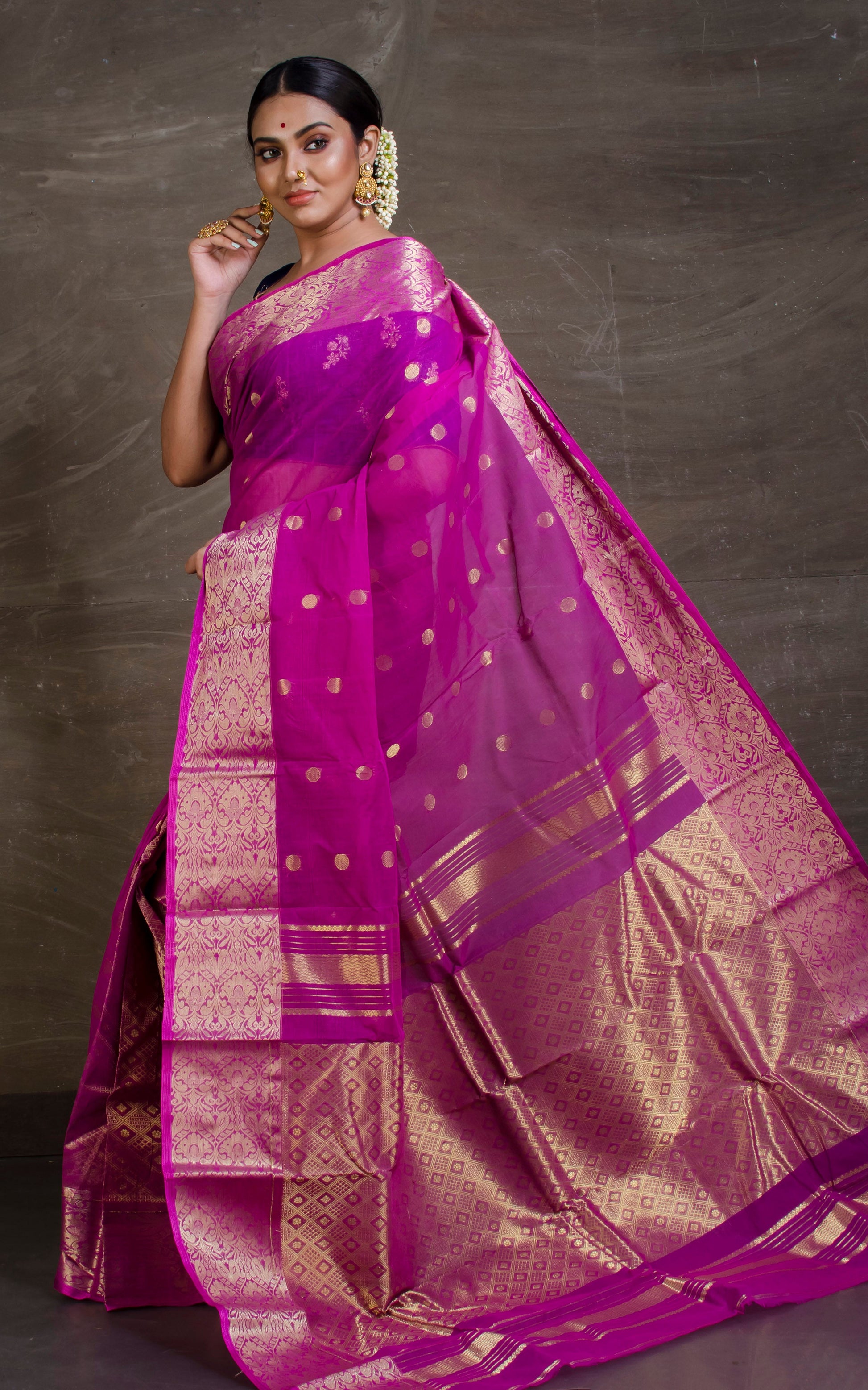 Bengal Handloom Tanchui Work  Patli Pallu Saree in Magenta and Gold from Bengal Looms India