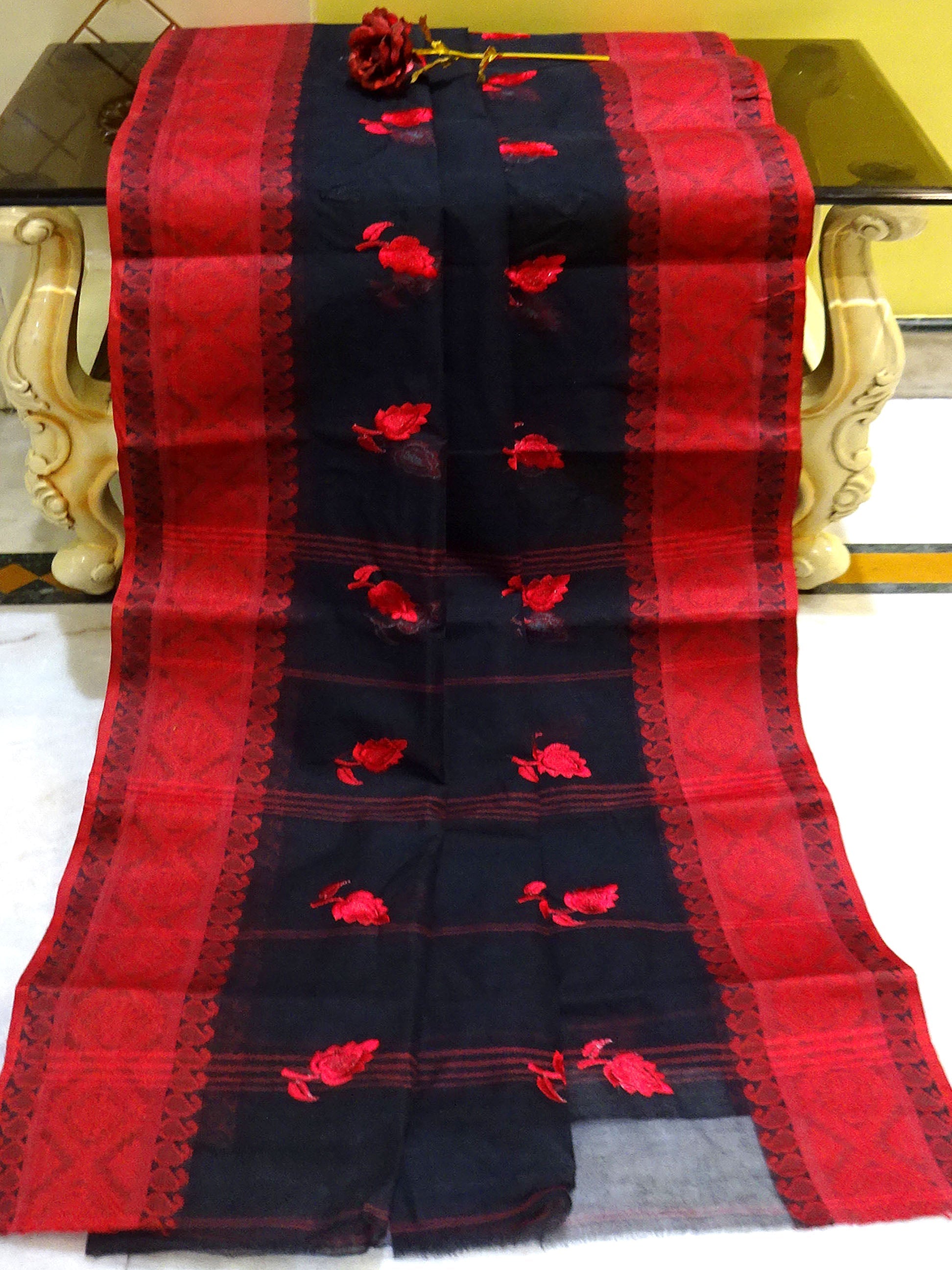 Bengal Handloom Cotton Saree with Leaf Motif Embroidery Work in Black and Red