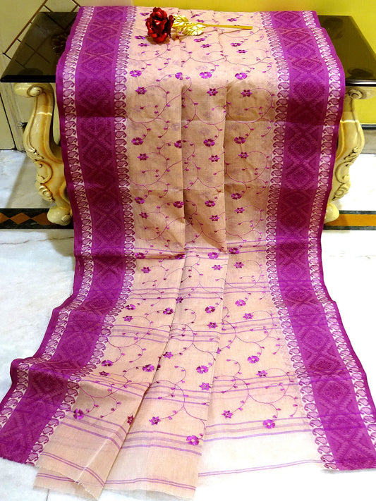 Bengal Handloom Cotton Saree with Floral Jaal Embroidery Work in Lemonade and Dark Purple