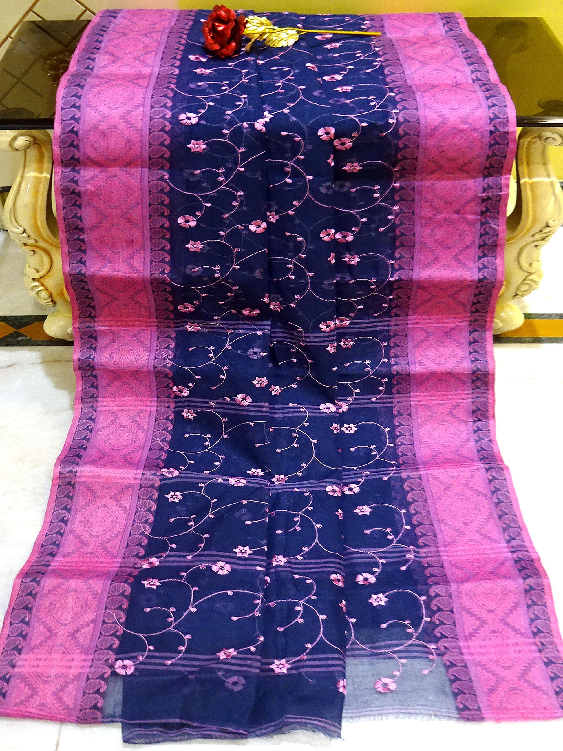 Bengal Handloom Cotton Saree with Floral Jaal Embroidery Work in Midnight Blue and Pink