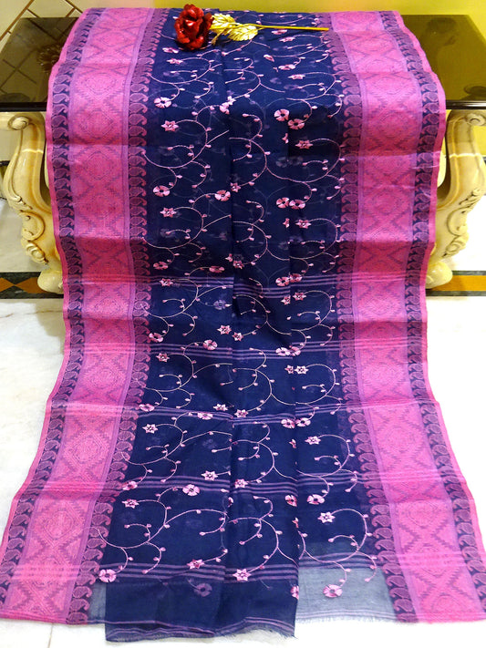 Bengal Handloom Cotton Saree with Floral Jaal Embroidery Work in Midnight Blue and Pink