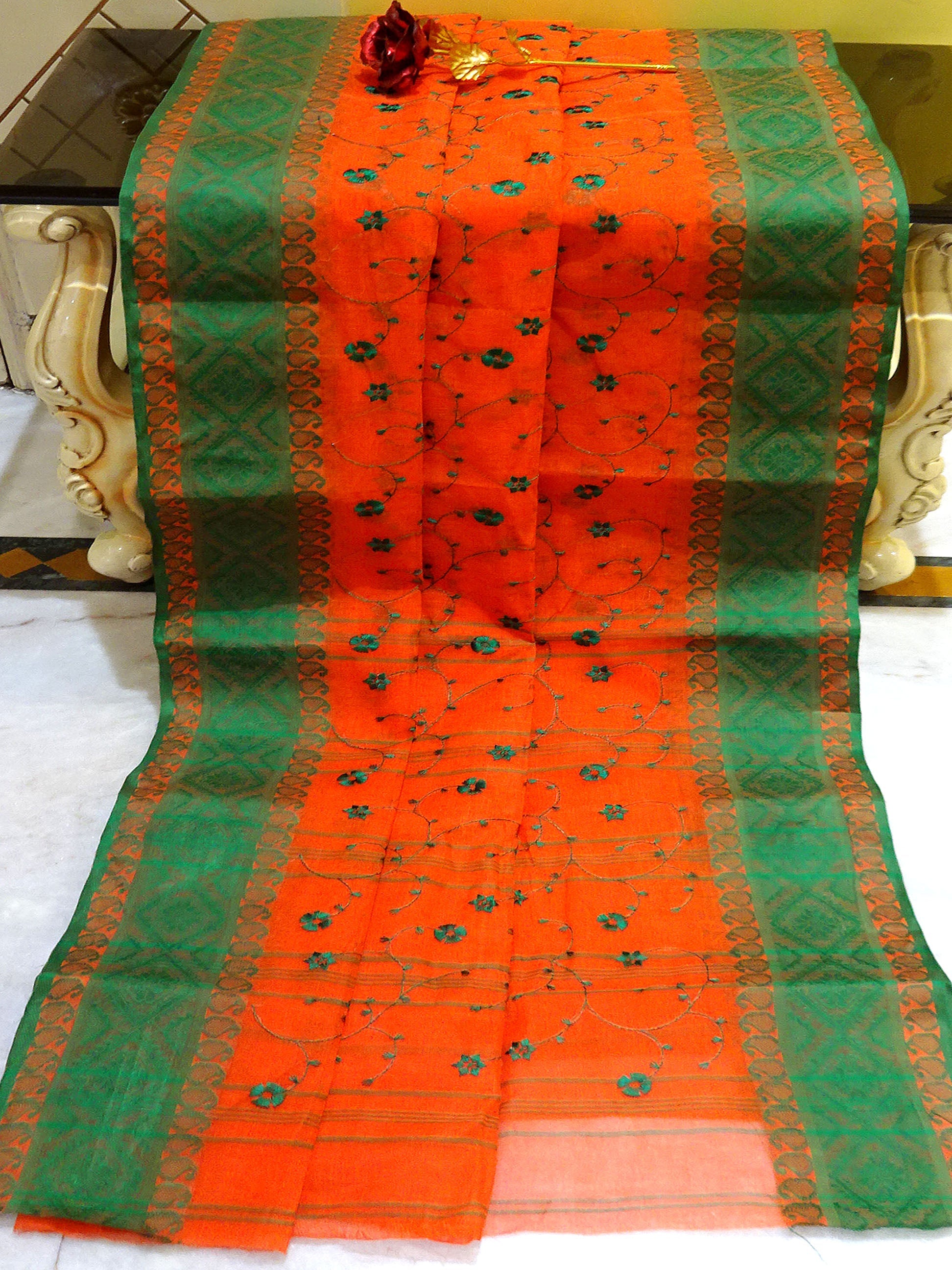 Bengal Handloom Cotton Saree with Floral Jaal Embroidery Work in Orange and Green