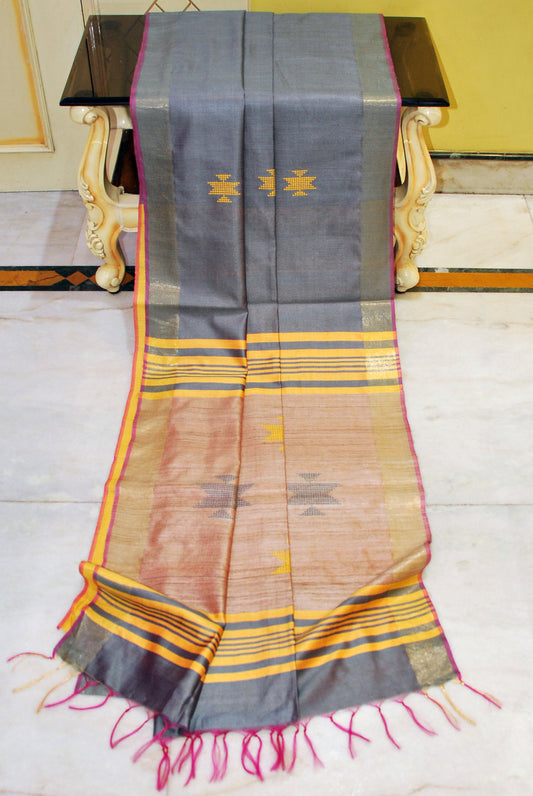 Soft Bhagalpuri Silk Kalakshetra with Geometric Nakshi Weaves and Woven Tussar Pallu in Grey, Yellow and Pink