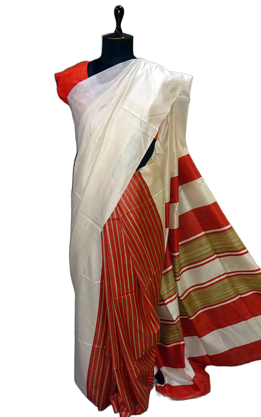 Patli Stripes Bhagalpuri Soft Silk Saree in White and Red with Gicha Work Pallu