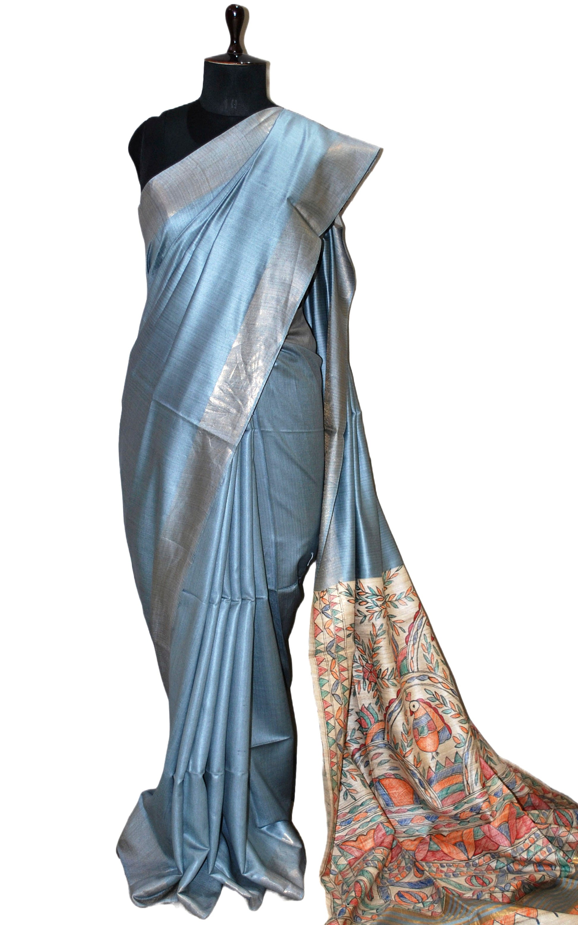 Soft Bhagalpuri Silk Saree in Hand Paint Madhubani Art with Gicha Tussar Pallu in Blue Grey