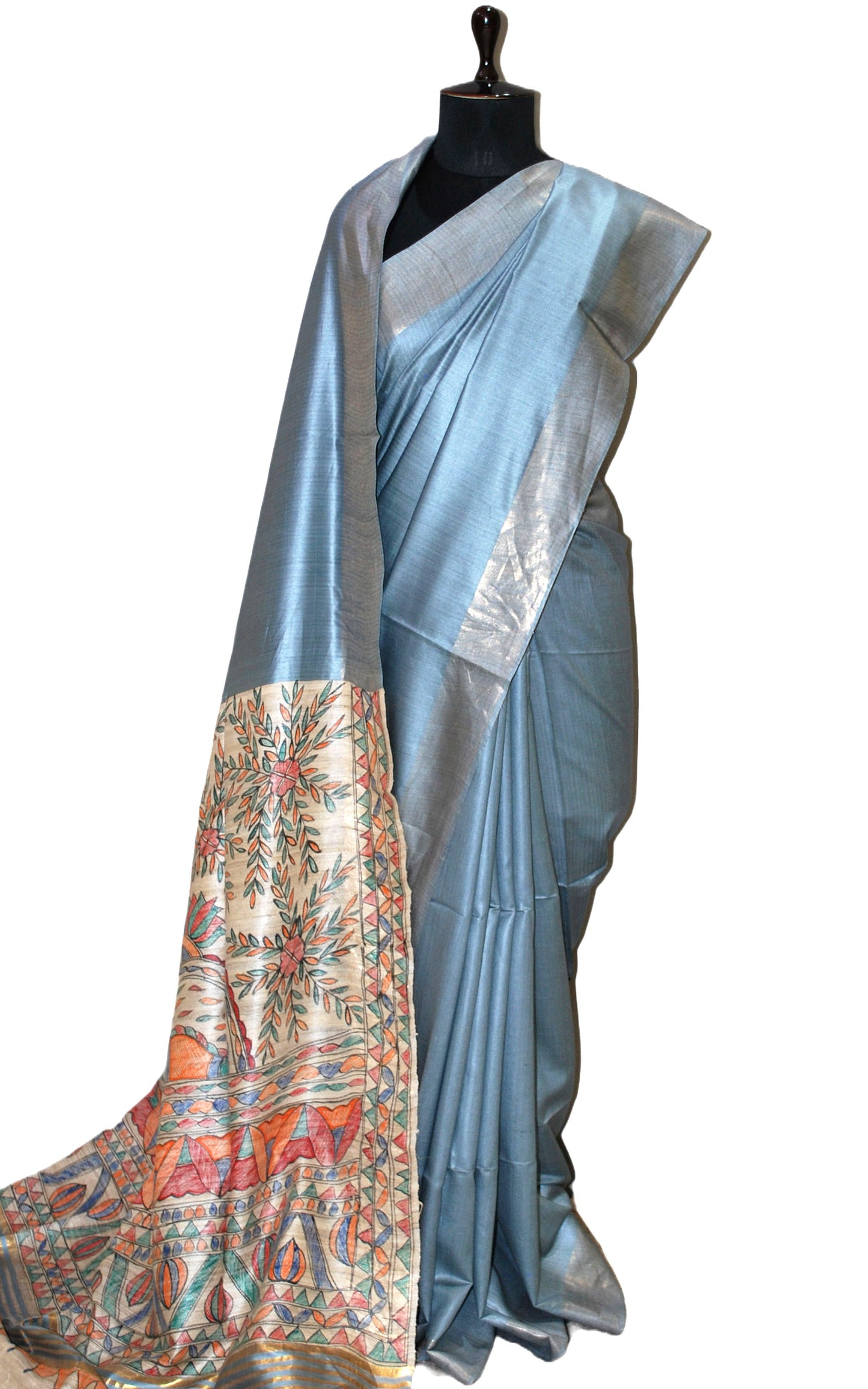 Soft Bhagalpuri Silk Saree in Hand Paint Madhubani Art with Gicha Tussar Pallu in Blue Grey