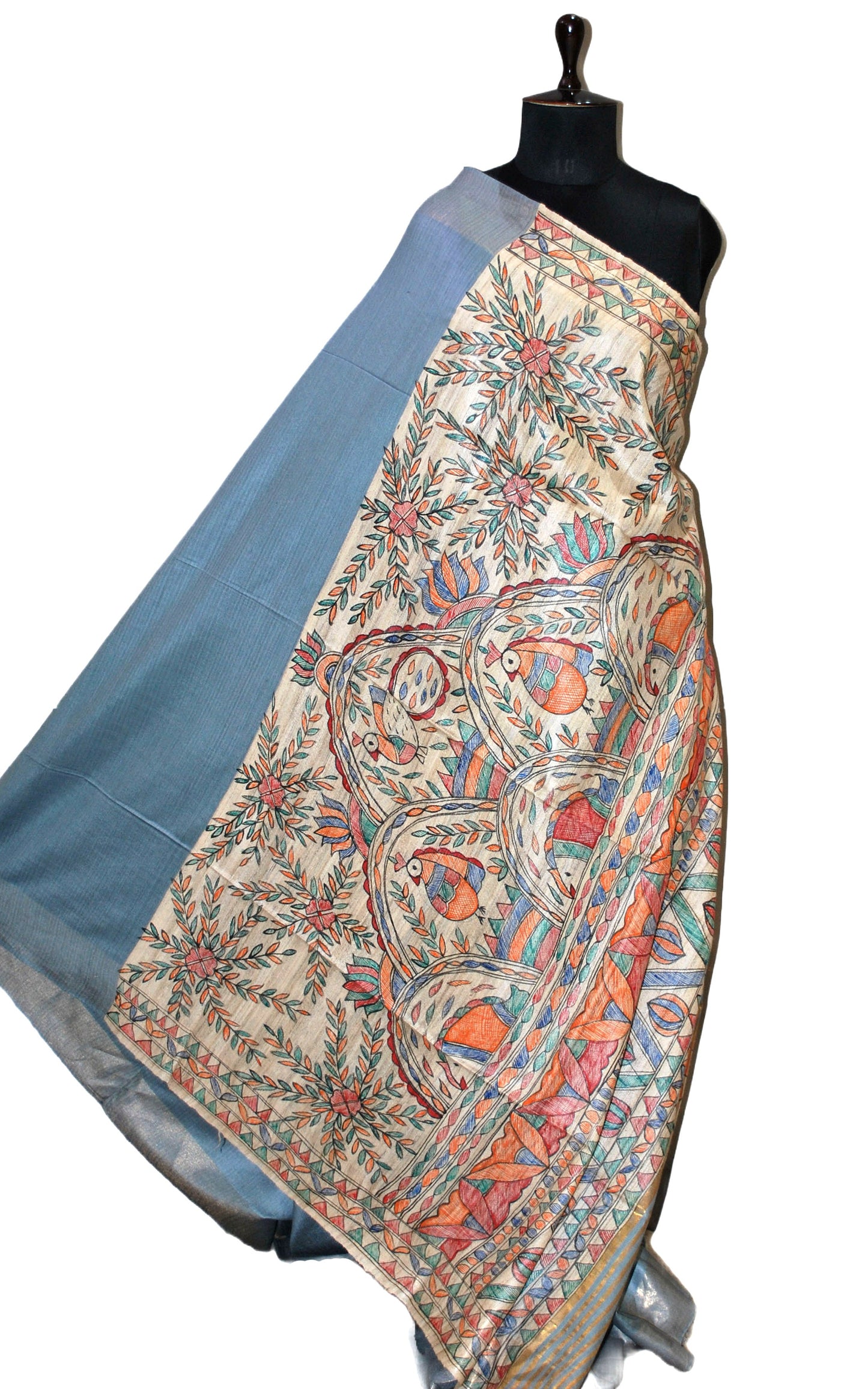 Soft Bhagalpuri Silk Saree in Hand Paint Madhubani Art with Gicha Tussar Pallu in Blue Grey