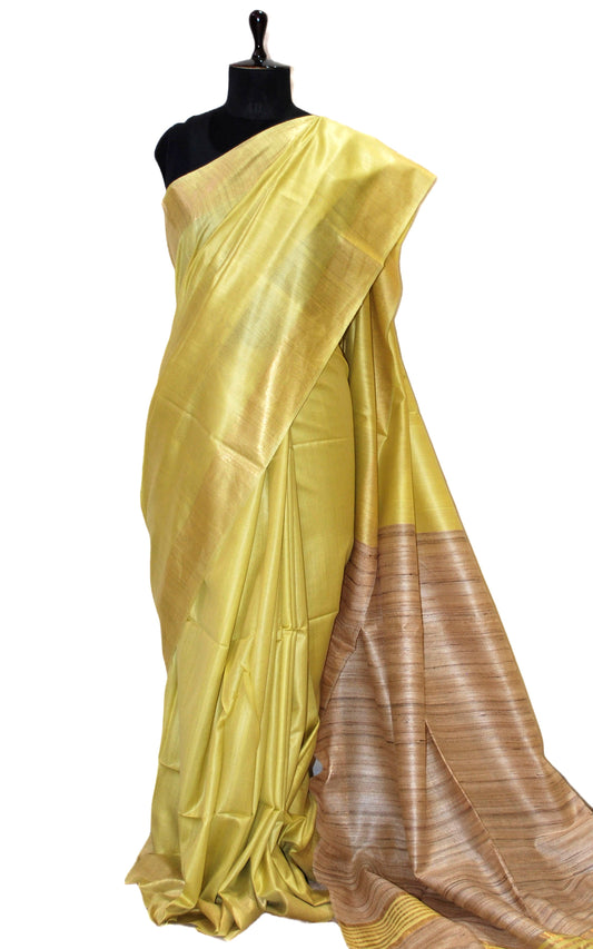 Soft Bhagalpuri Silk Saree with Natural Gicha Tussar Pallu in Lime Yellow and Brush Gold Zari Work