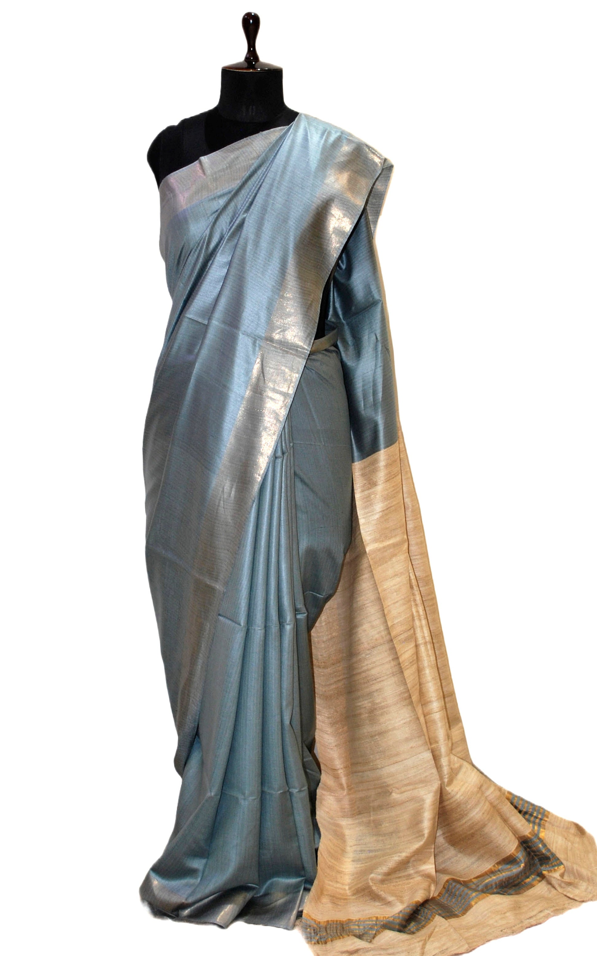 Soft Bhagalpuri Silk Saree with Natural Gicha Tussar Pallu in Slate Grey and Brush Gold Zari Work