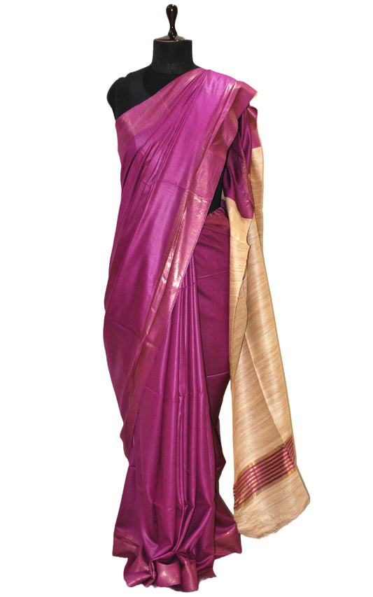 Soft Bhagalpuri Silk Saree with Natural Gicha Tussar Pallu in Purple and Brush Gold Zari Work