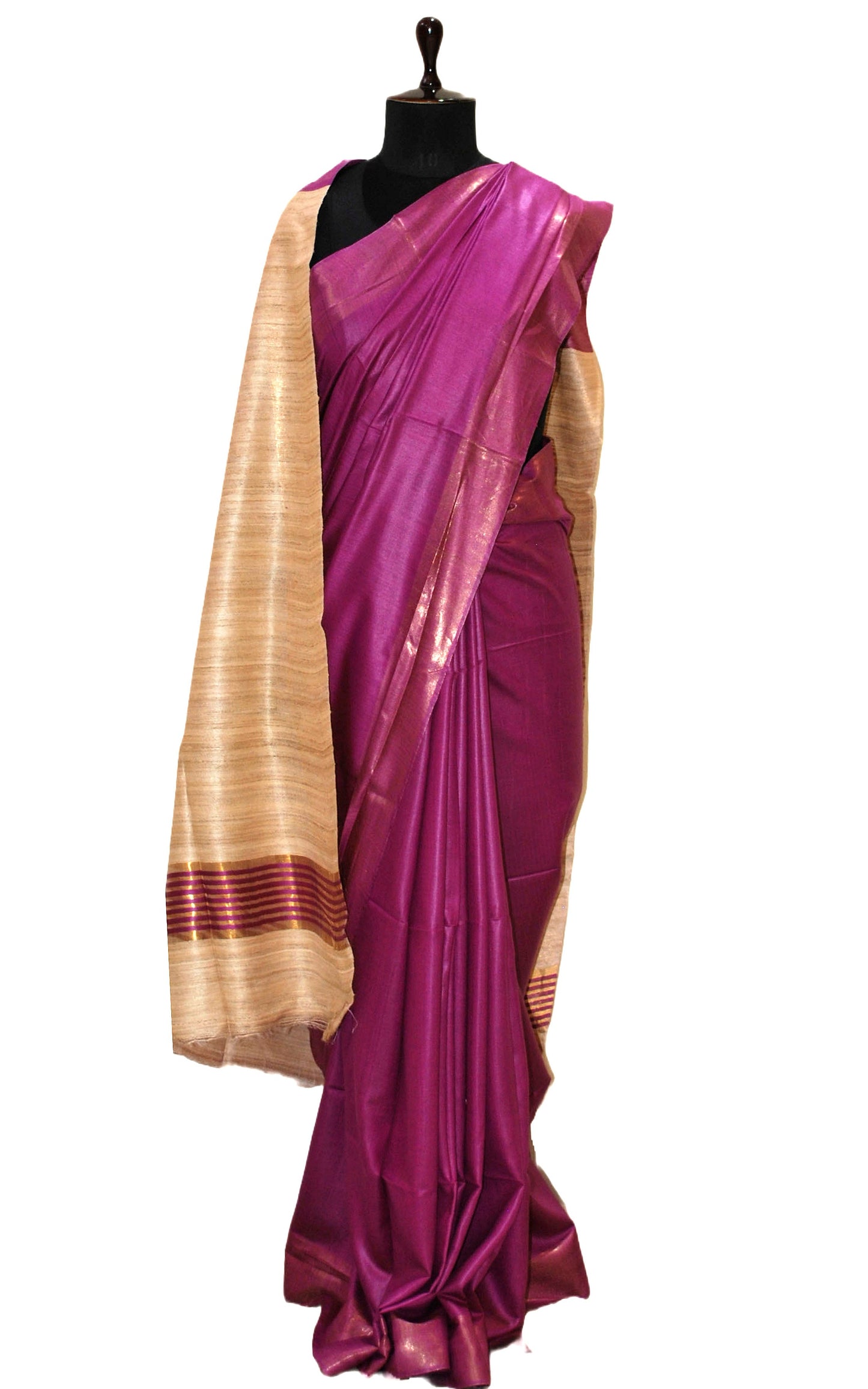 Soft Bhagalpuri Silk Saree with Natural Gicha Tussar Pallu in Purple and Brush Gold Zari Work