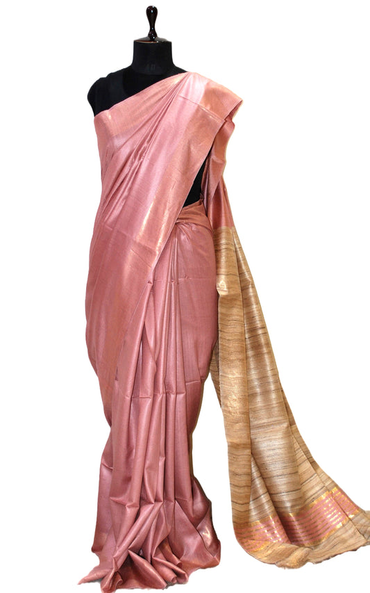 Soft Bhagalpuri Silk Saree with Natural Gicha Tussar Pallu in Rose Pink and Brush Gold Zari Work