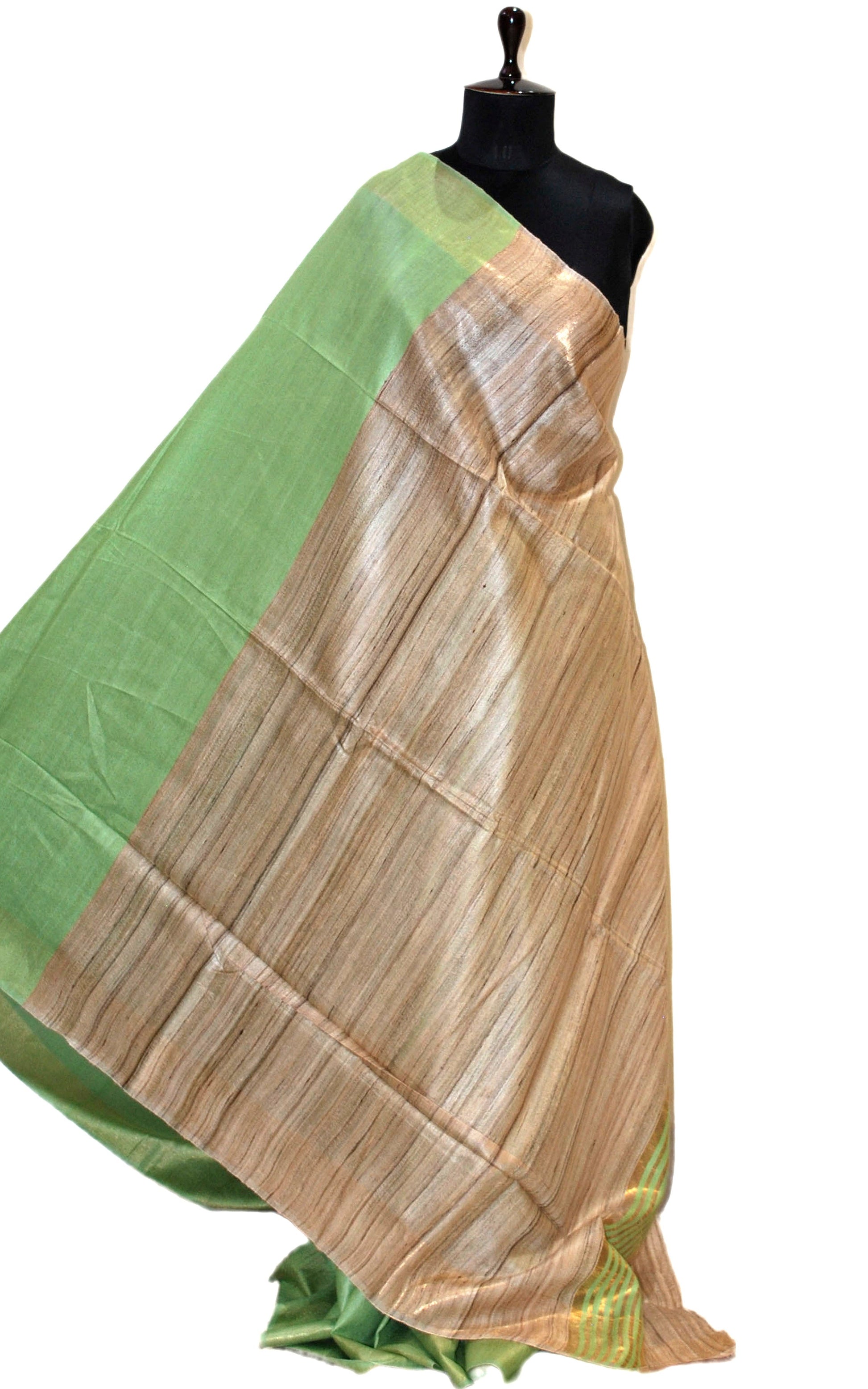 Soft Bhagalpuri Silk Saree with Natural Gicha Tussar Pallu in Mint Green and Brush Gold Zari Work