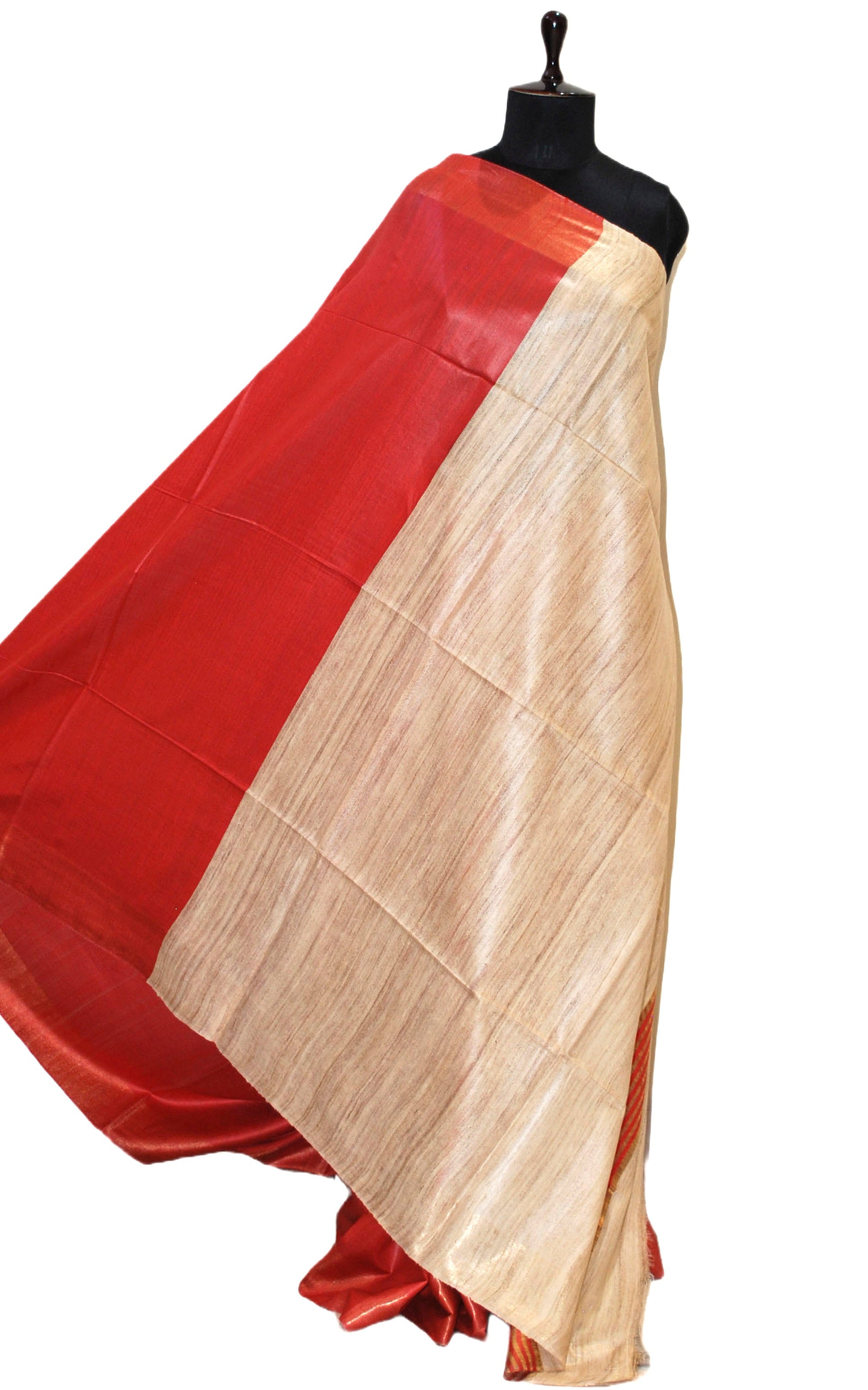 Soft Bhagalpuri Silk Saree with Natural Gicha Tussar Pallu in Red and Brush Gold Zari Work