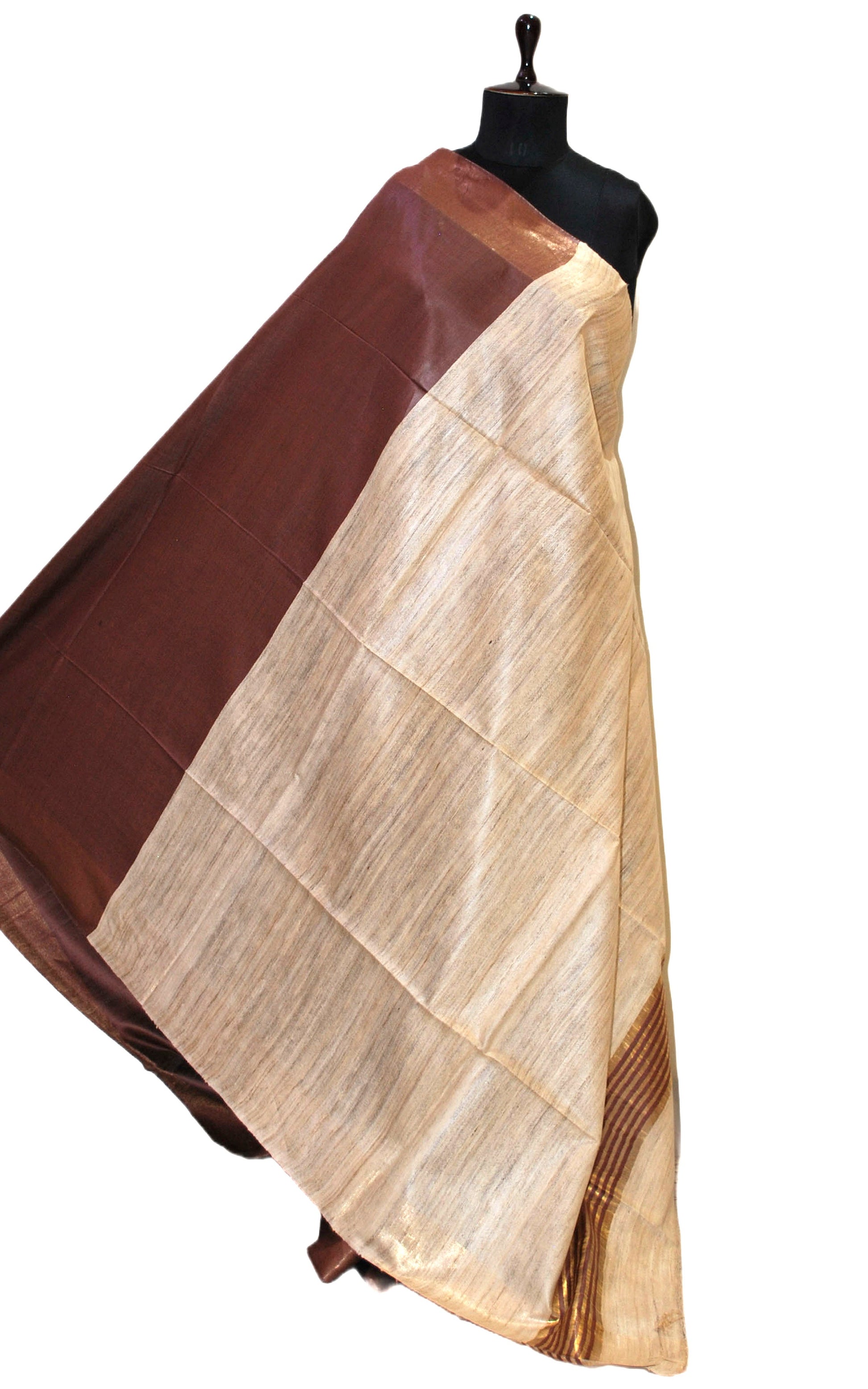 Soft Bhagalpuri Silk Saree with Natural Gicha Tussar Pallu in Chocolate Brown and Brush Gold Zari Work