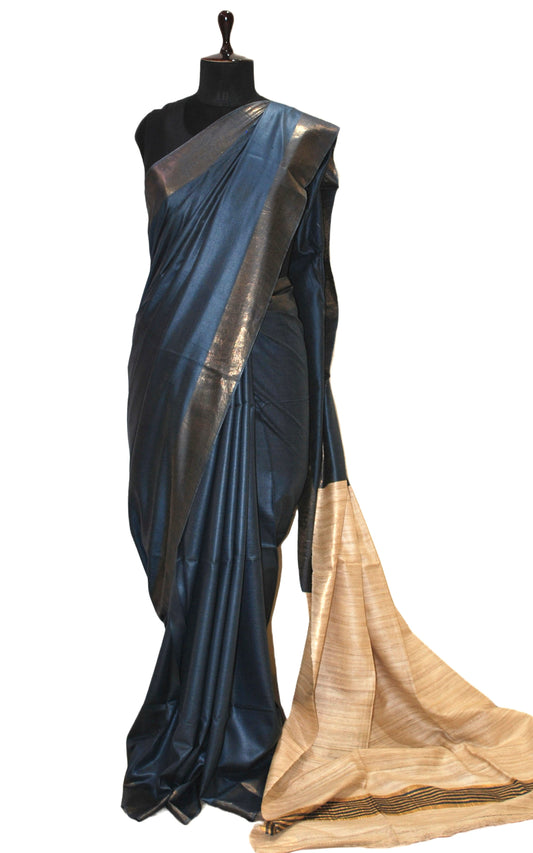 Soft Bhagalpuri Silk Saree with Natural Gicha Tussar Pallu in Spruce Blue and Brush Gold Zari Work