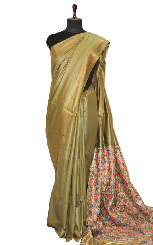 Soft Bhagalpuri Silk Saree in Hand Paint Madhubani Art with Gicha Tussar Pallu in Olive Green