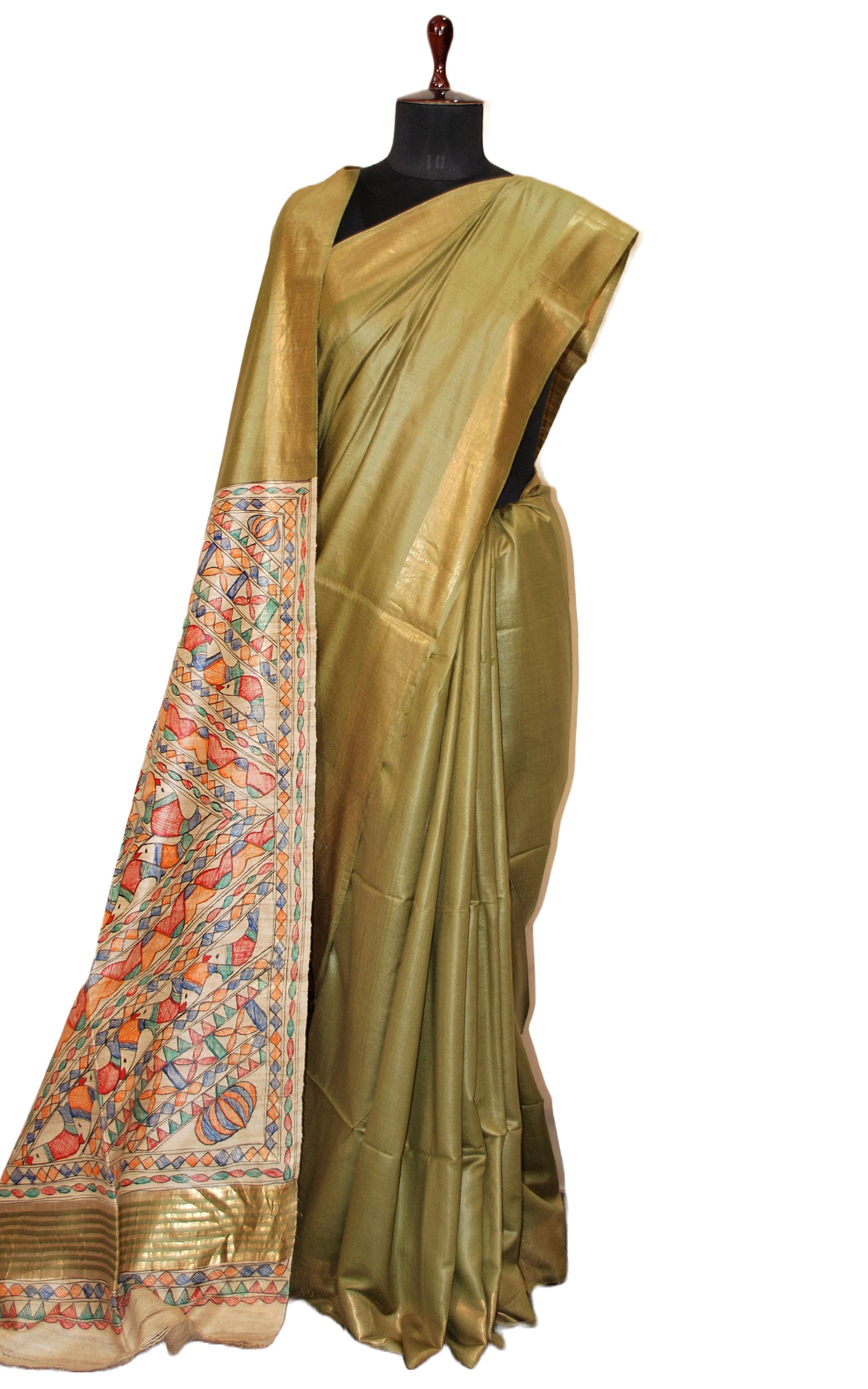 Soft Bhagalpuri Silk Saree in Hand Paint Madhubani Art with Gicha Tussar Pallu in Olive Green