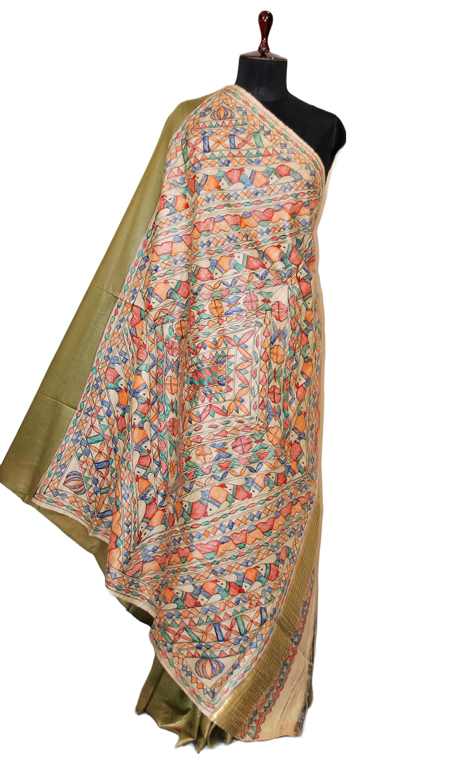 Soft Bhagalpuri Silk Saree in Hand Paint Madhubani Art with Gicha Tussar Pallu in Olive Green