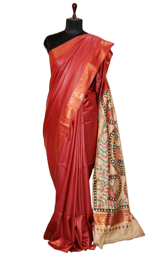 Soft Bhagalpuri Silk Saree in Hand Paint Madhubani Art with Gicha Tussar Pallu in Maroon