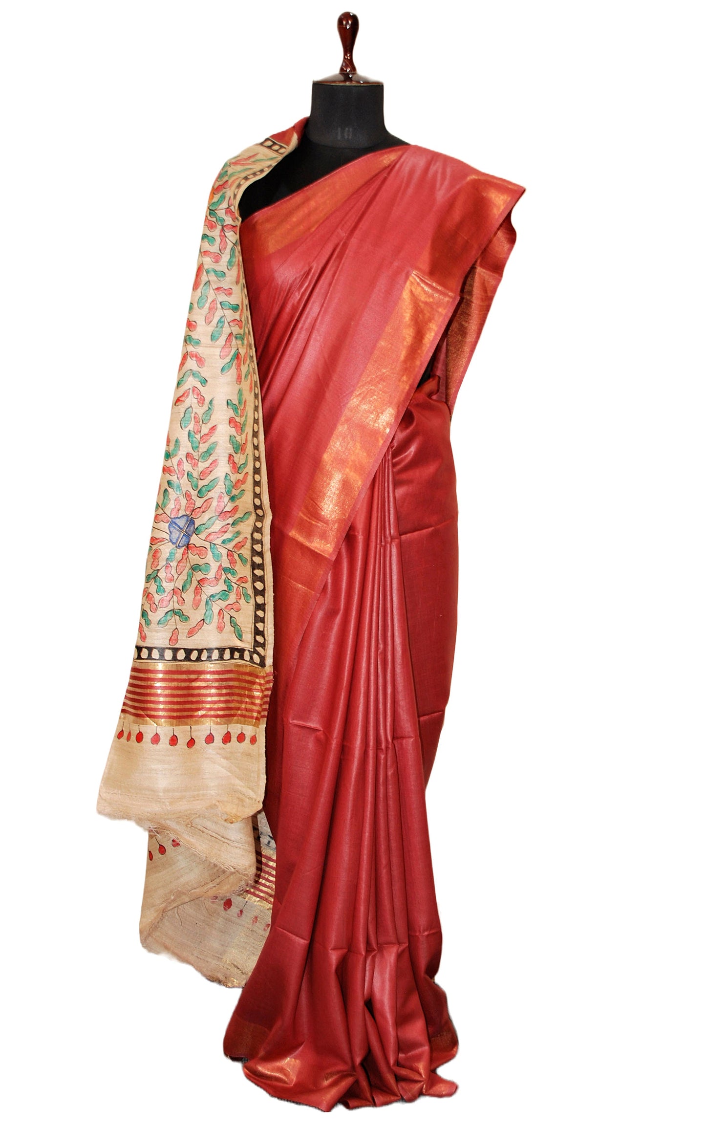 Soft Bhagalpuri Silk Saree in Hand Paint Madhubani Art with Gicha Tussar Pallu in Maroon