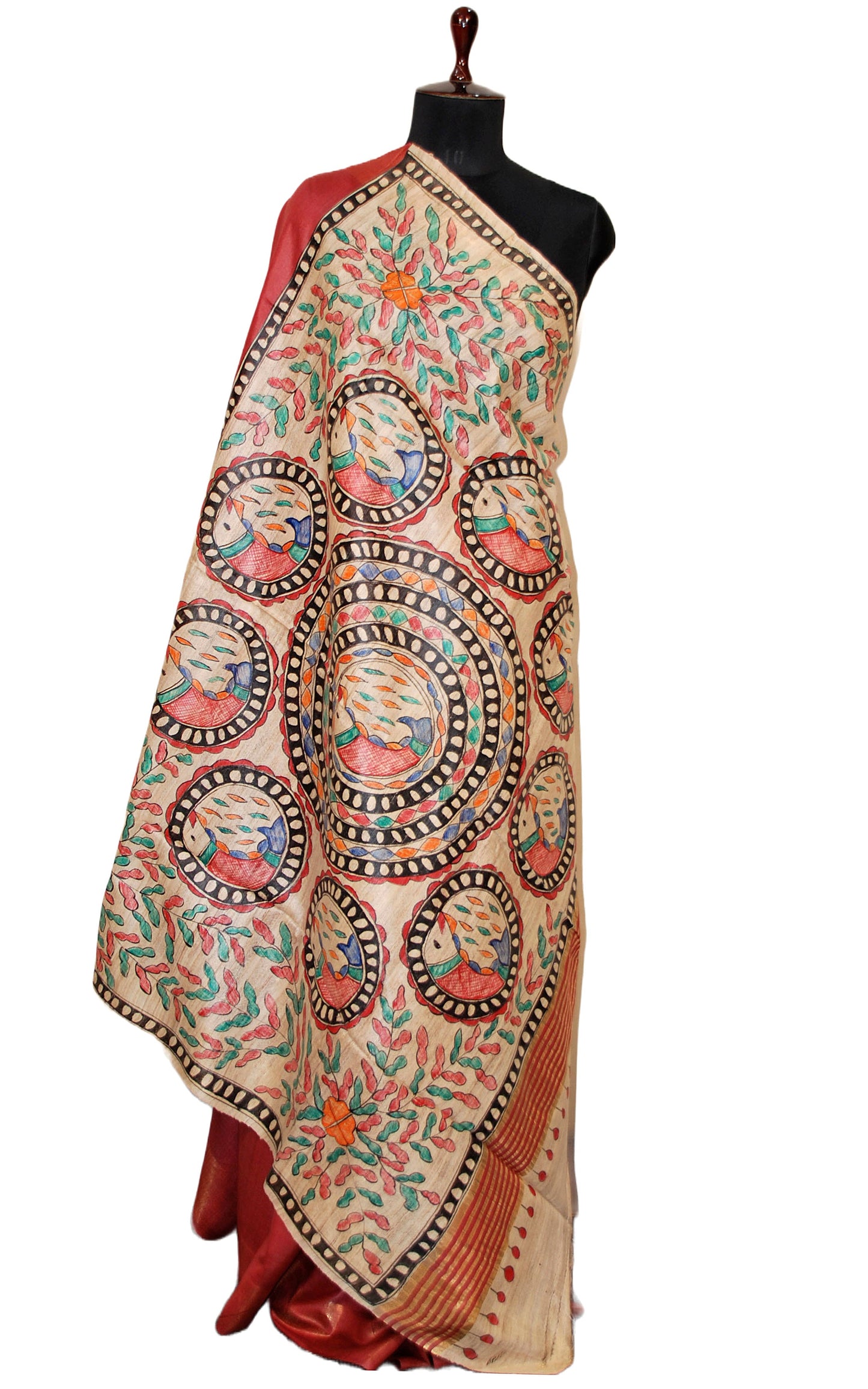 Soft Bhagalpuri Silk Saree in Hand Paint Madhubani Art with Gicha Tussar Pallu in Maroon