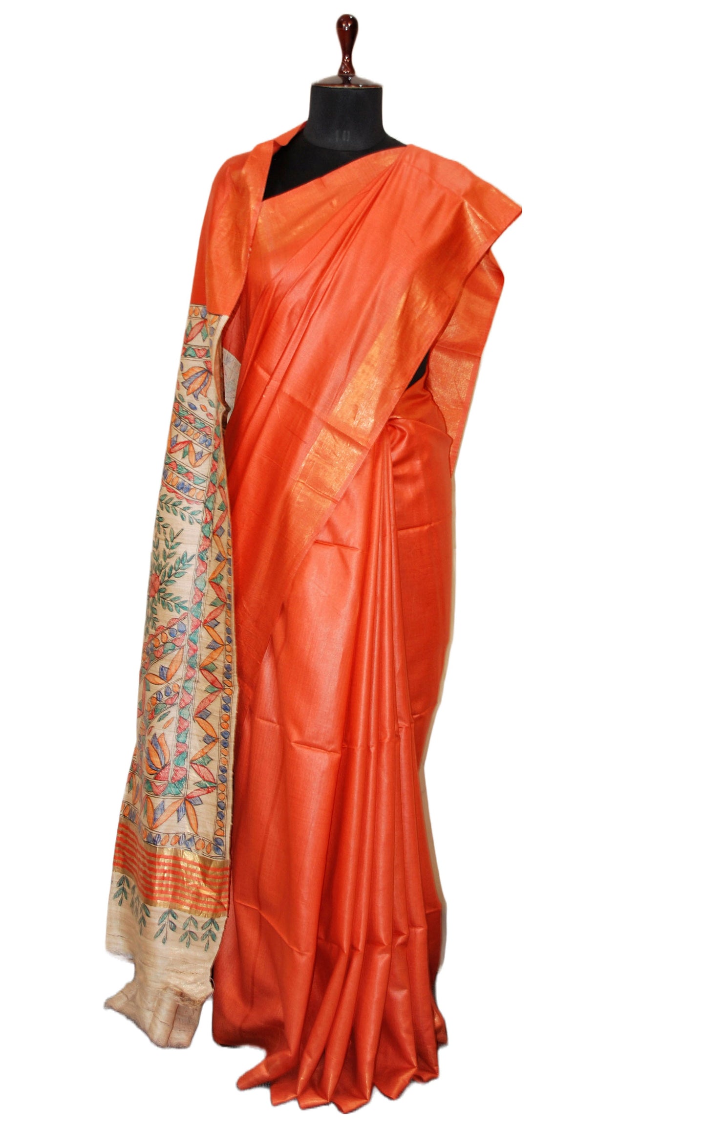 Soft Bhagalpuri Silk Saree in Hand Paint Madhubani Art with Gicha Tussar Pallu in Warm Orange