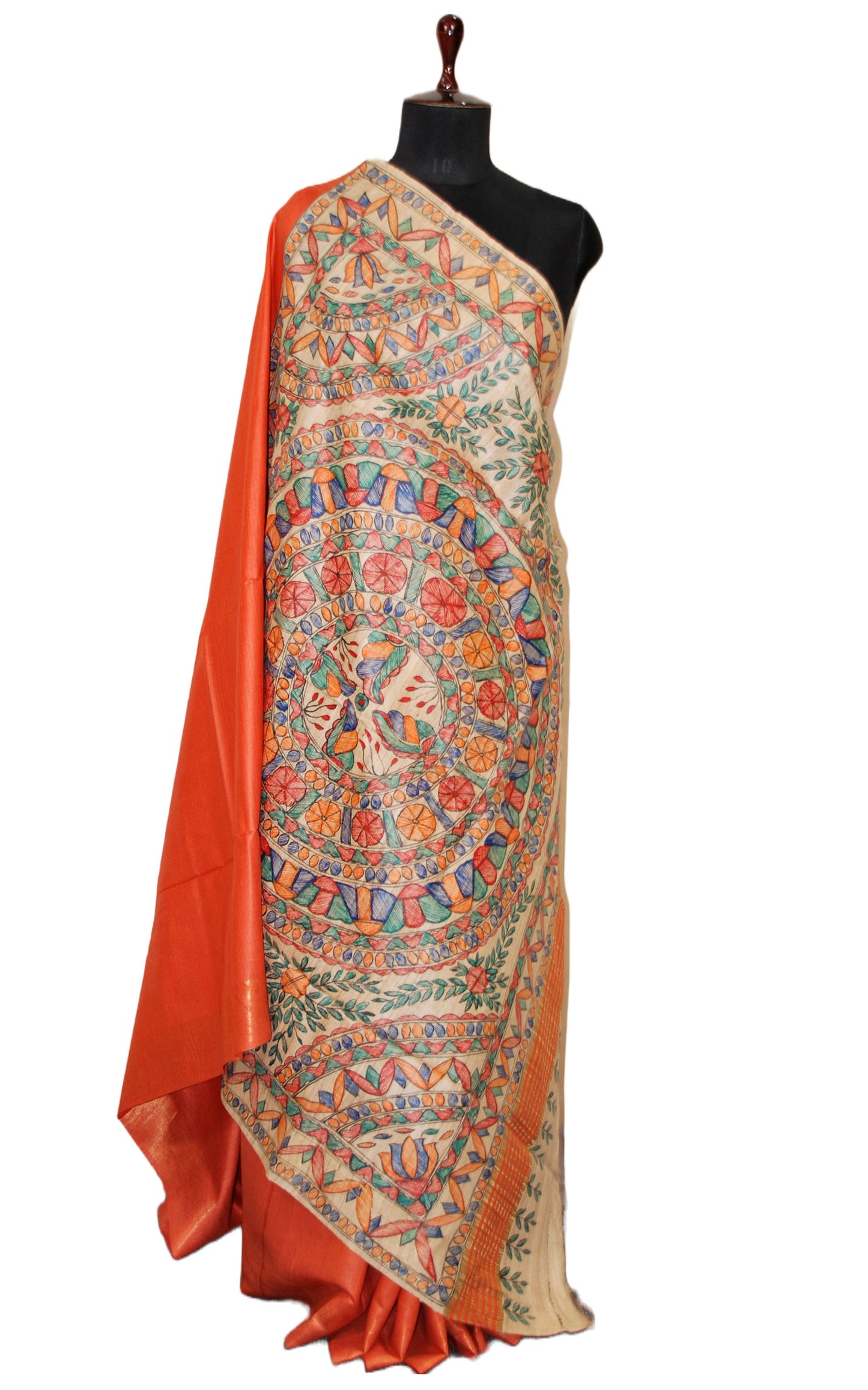 Soft Bhagalpuri Silk Saree in Hand Paint Madhubani Art with Gicha Tussar Pallu in Warm Orange