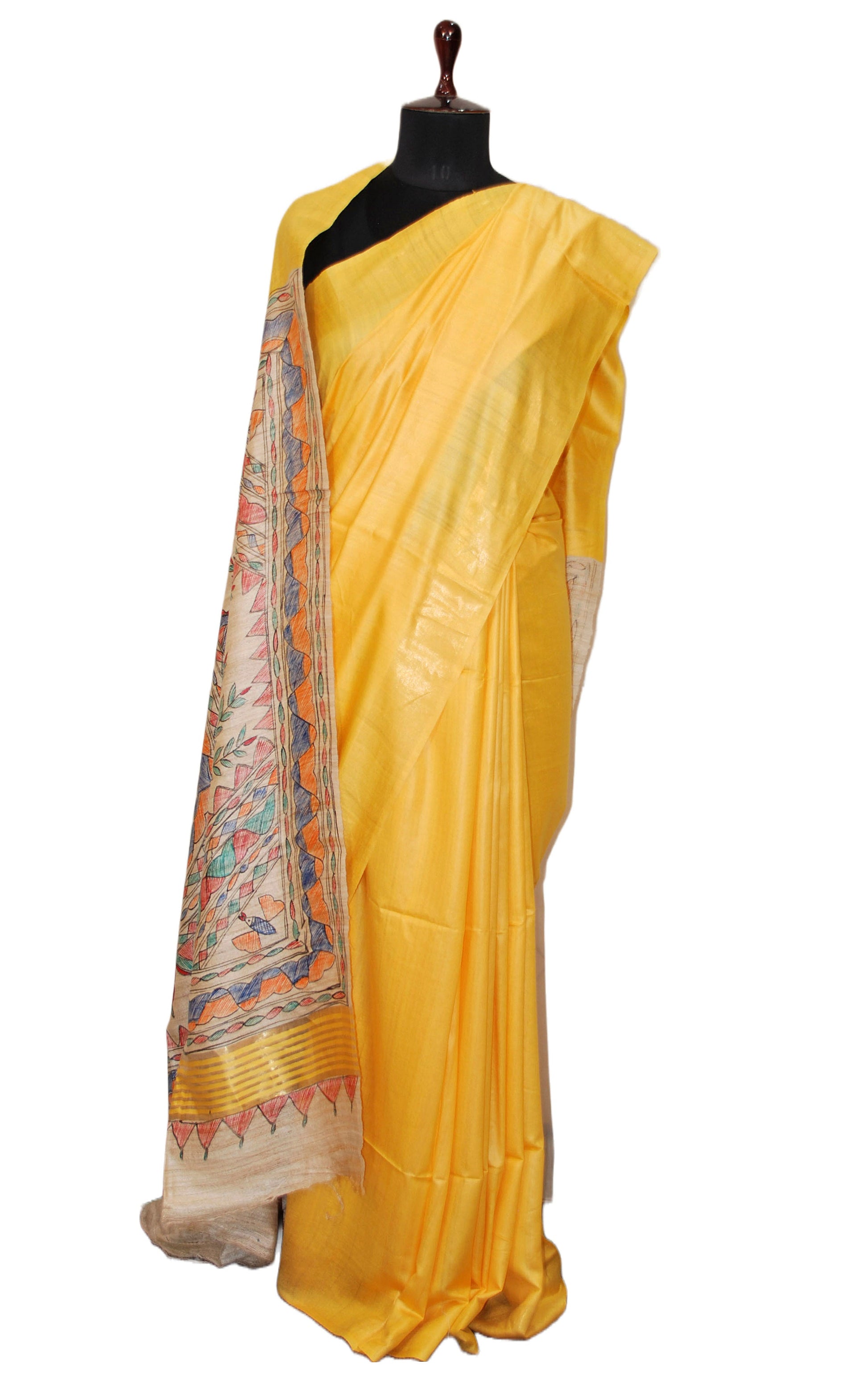 Soft Bhagalpuri Silk Saree in Hand Paint Madhubani Art with Gicha Tussar Pallu in Yellow