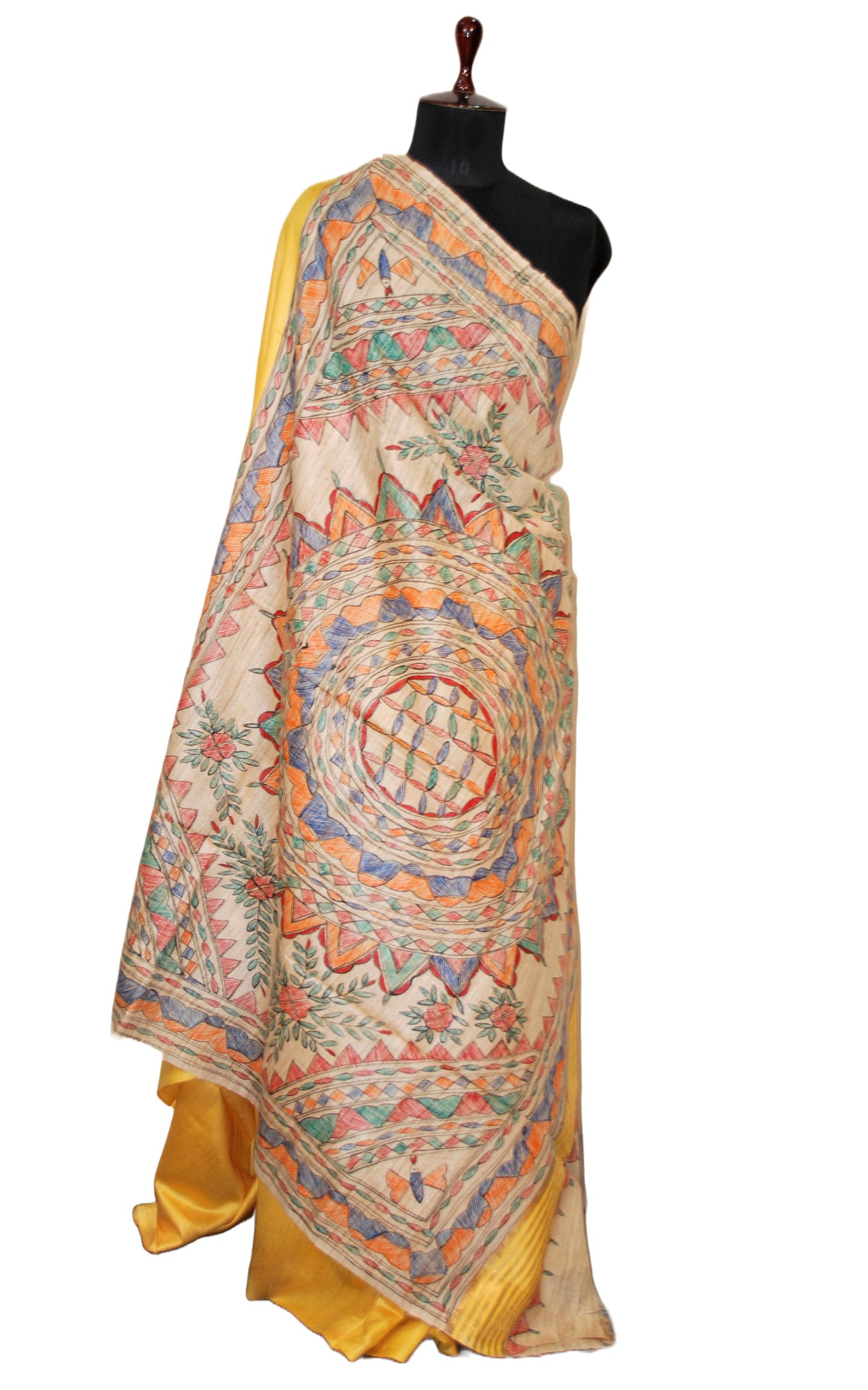 Soft Bhagalpuri Silk Saree in Hand Paint Madhubani Art with Gicha Tussar Pallu in Yellow