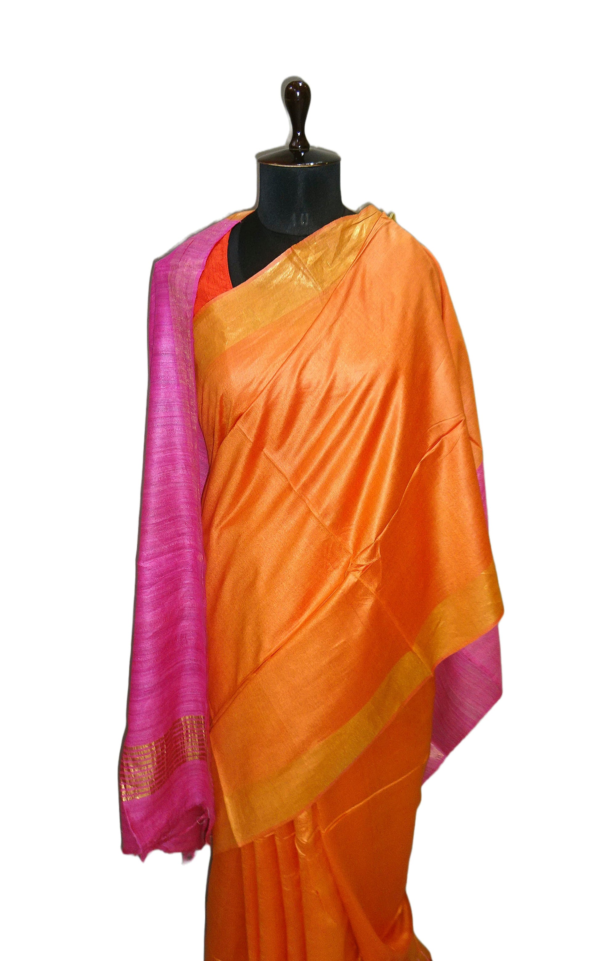 Soft Bhagalpuri Silk Saree with Gicha Tussar Pallu in Orange and Pink