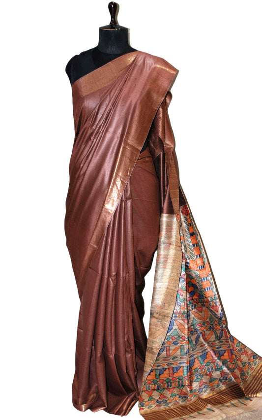 Soft Bhagalpuri Silk Saree in Hand Paint Madhubani Art with Gicha Tussar Pallu in Chocolate Brown