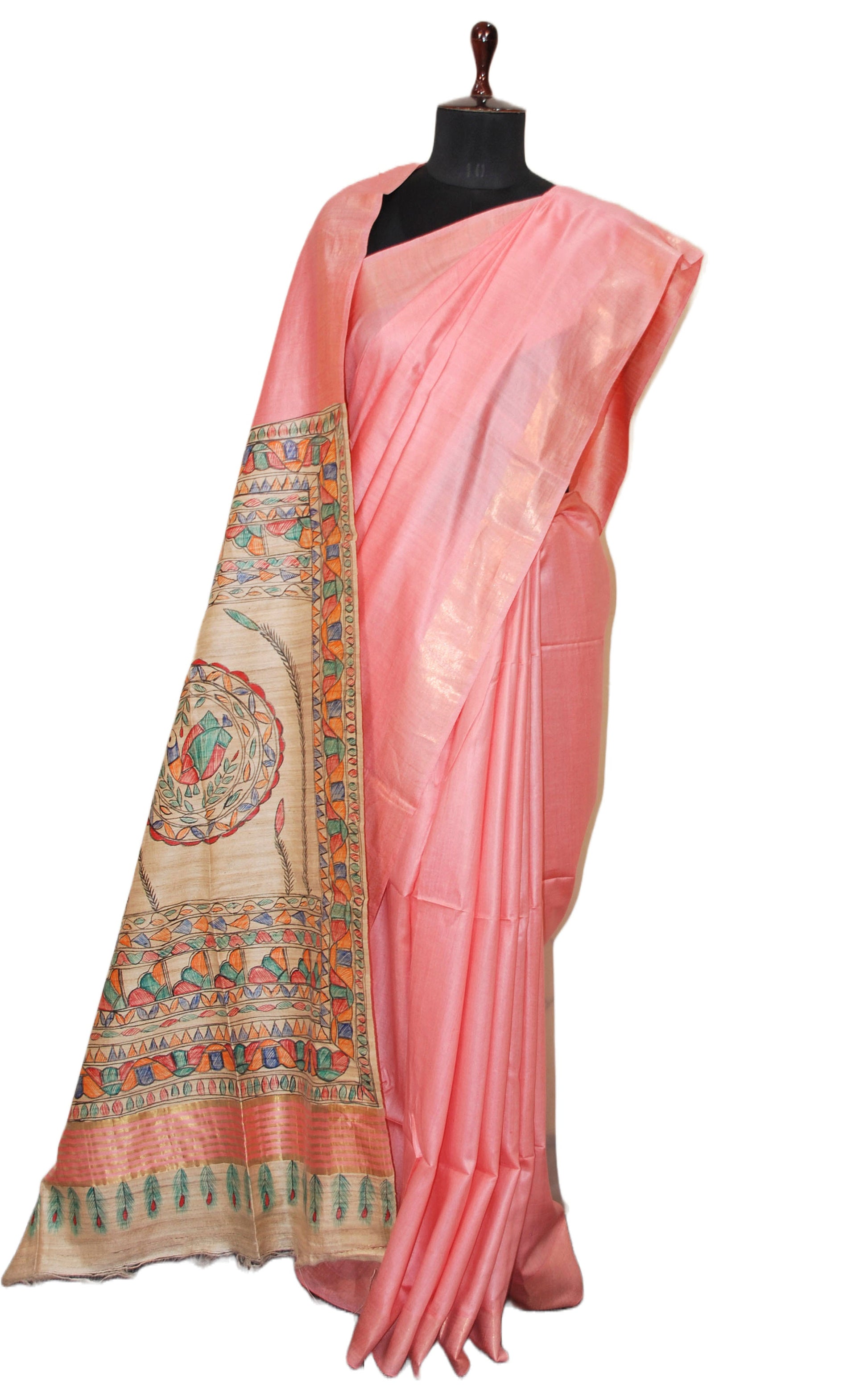 Soft Bhagalpuri Silk Saree in Hand Paint Madhubani Art with Gicha Tussar Pallu in Rose Pink