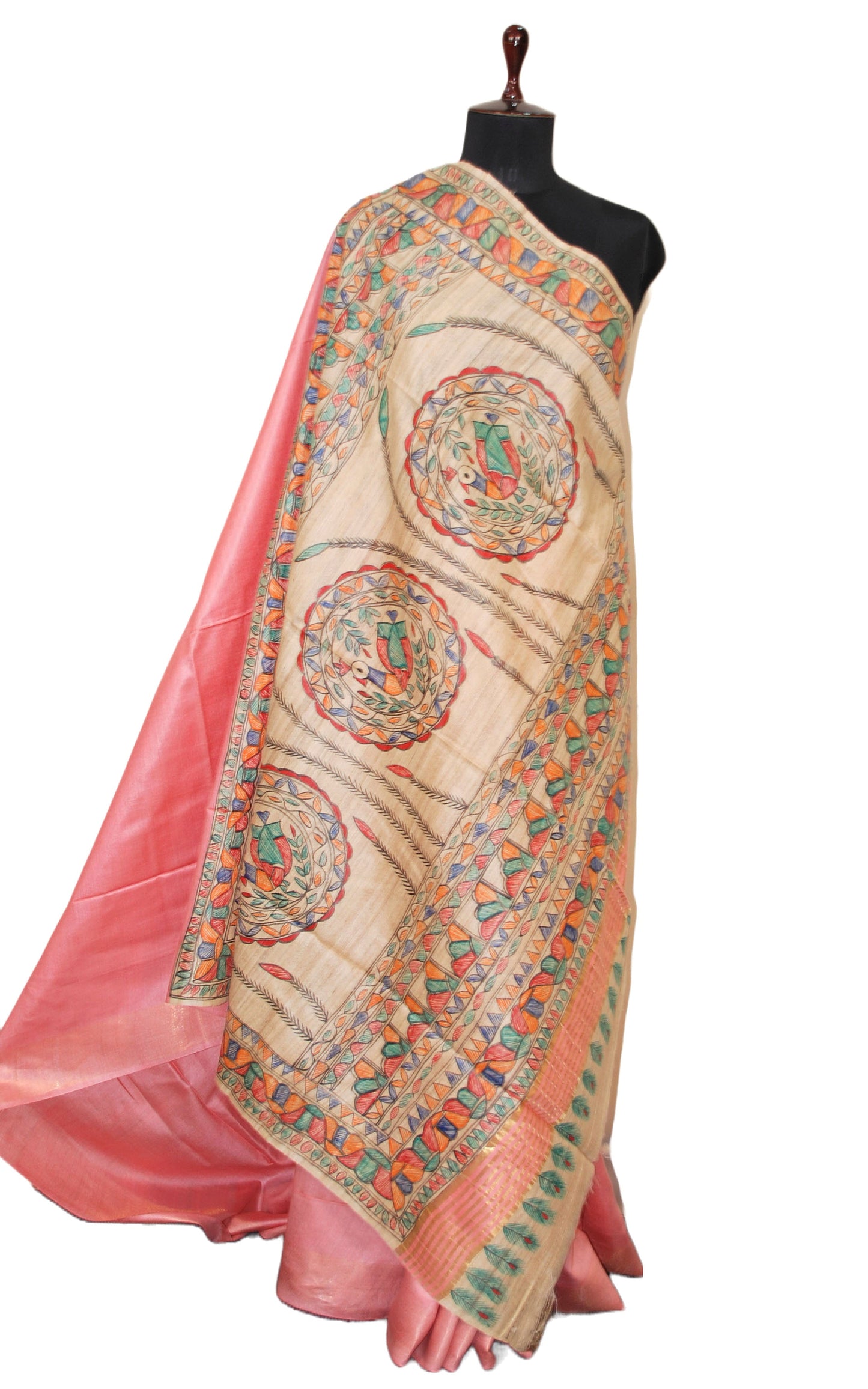 Soft Bhagalpuri Silk Saree in Hand Paint Madhubani Art with Gicha Tussar Pallu in Rose Pink