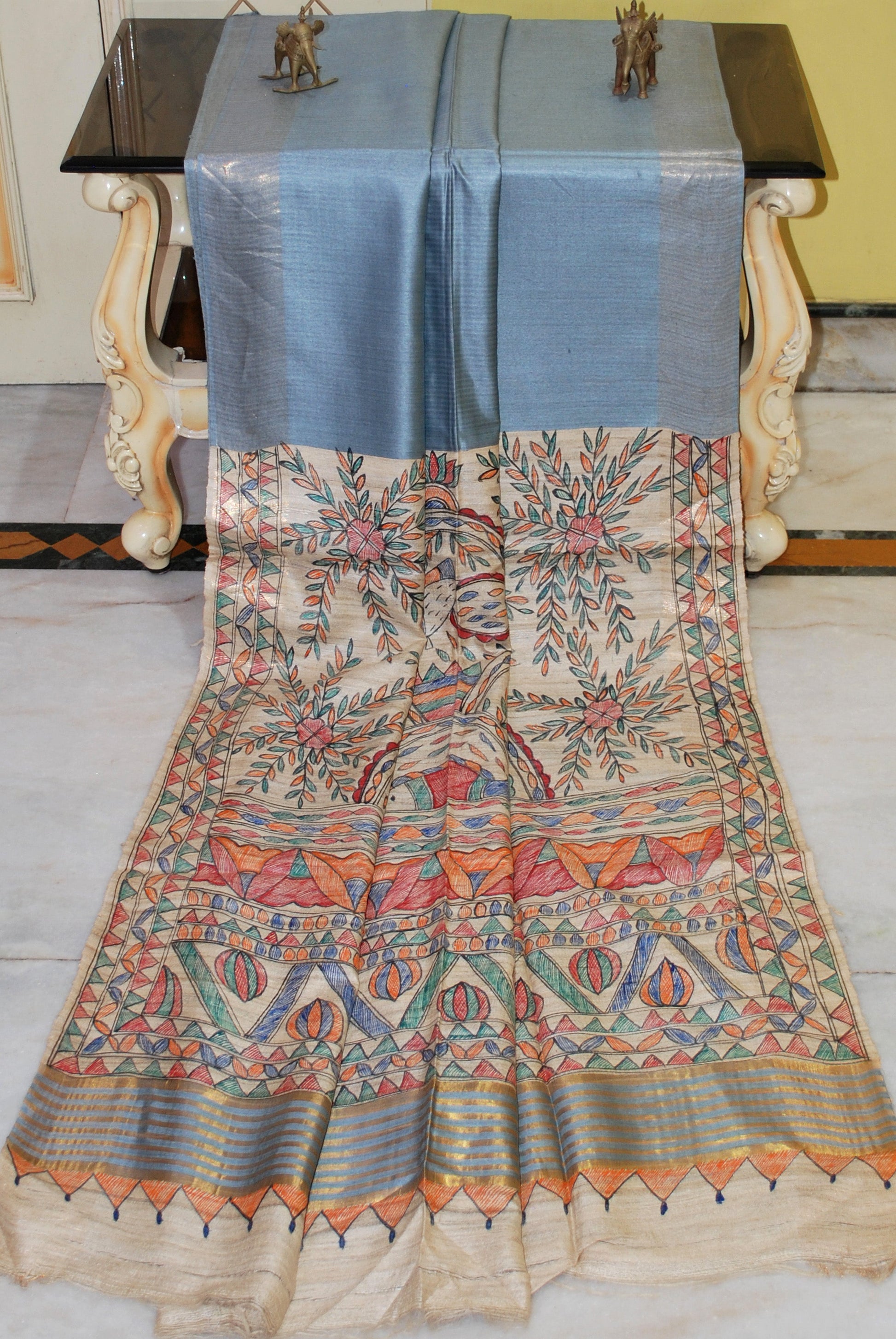 Soft Bhagalpuri Silk Saree in Hand Paint Madhubani Art with Gicha Tussar Pallu in Blue Grey