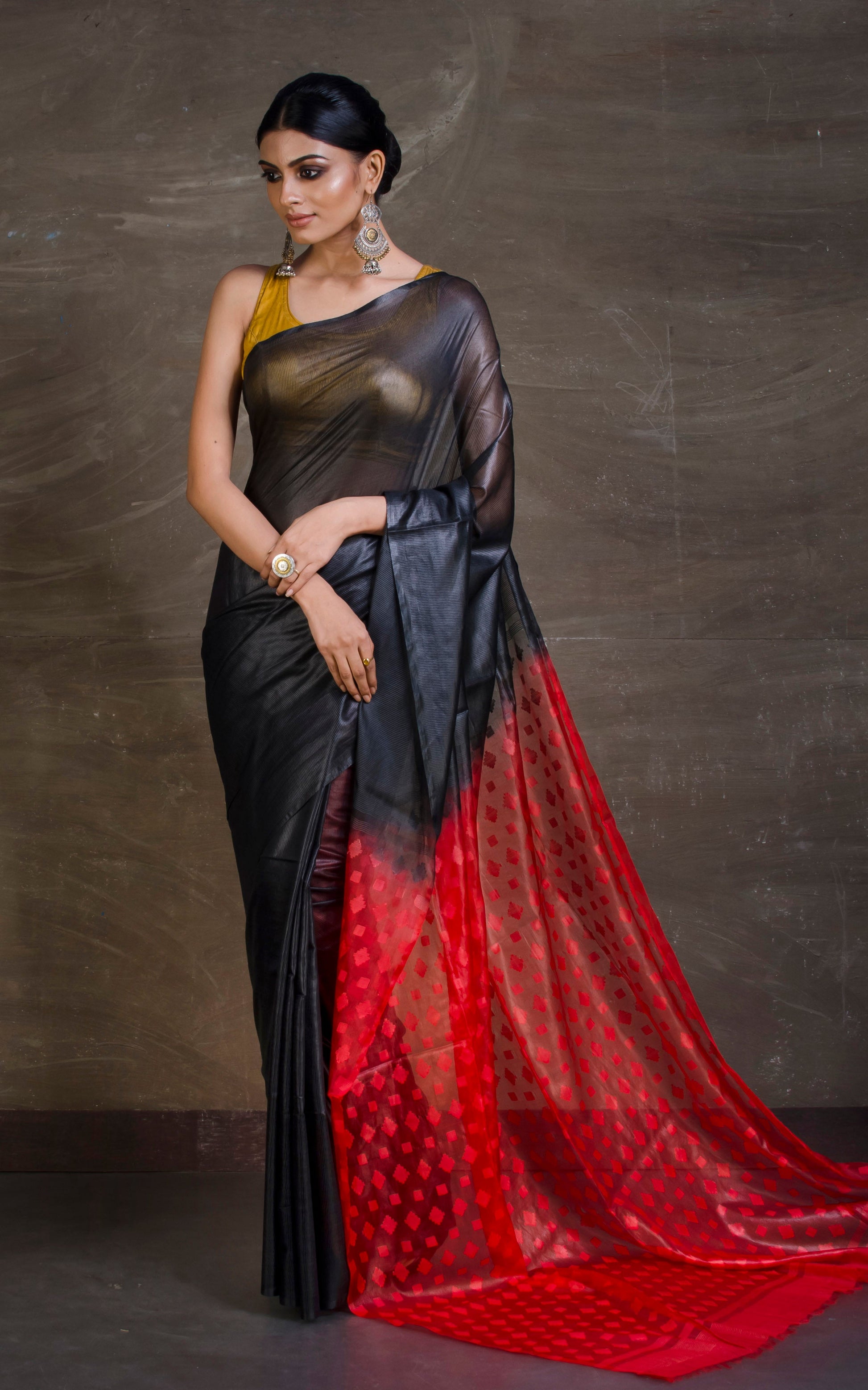 Soft Bhagalpuri Resham Silk Saree with woven Floral Muslin Pallu in Black and Red - Bengal Looms India