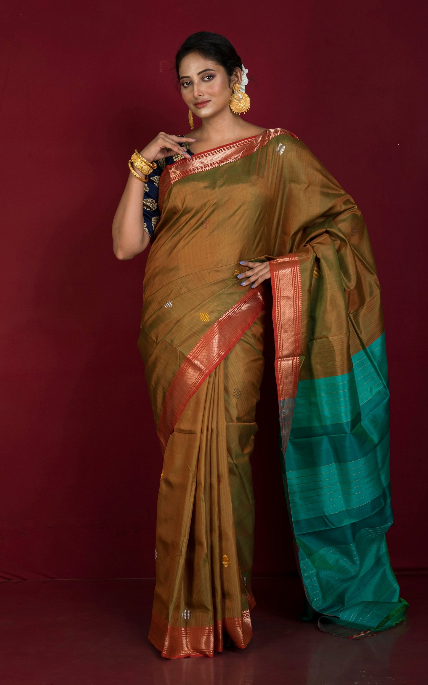 Handwoven Bishnupuri Chatai Medium Border Katan Silk Saree in Brown, Turquoise and Red