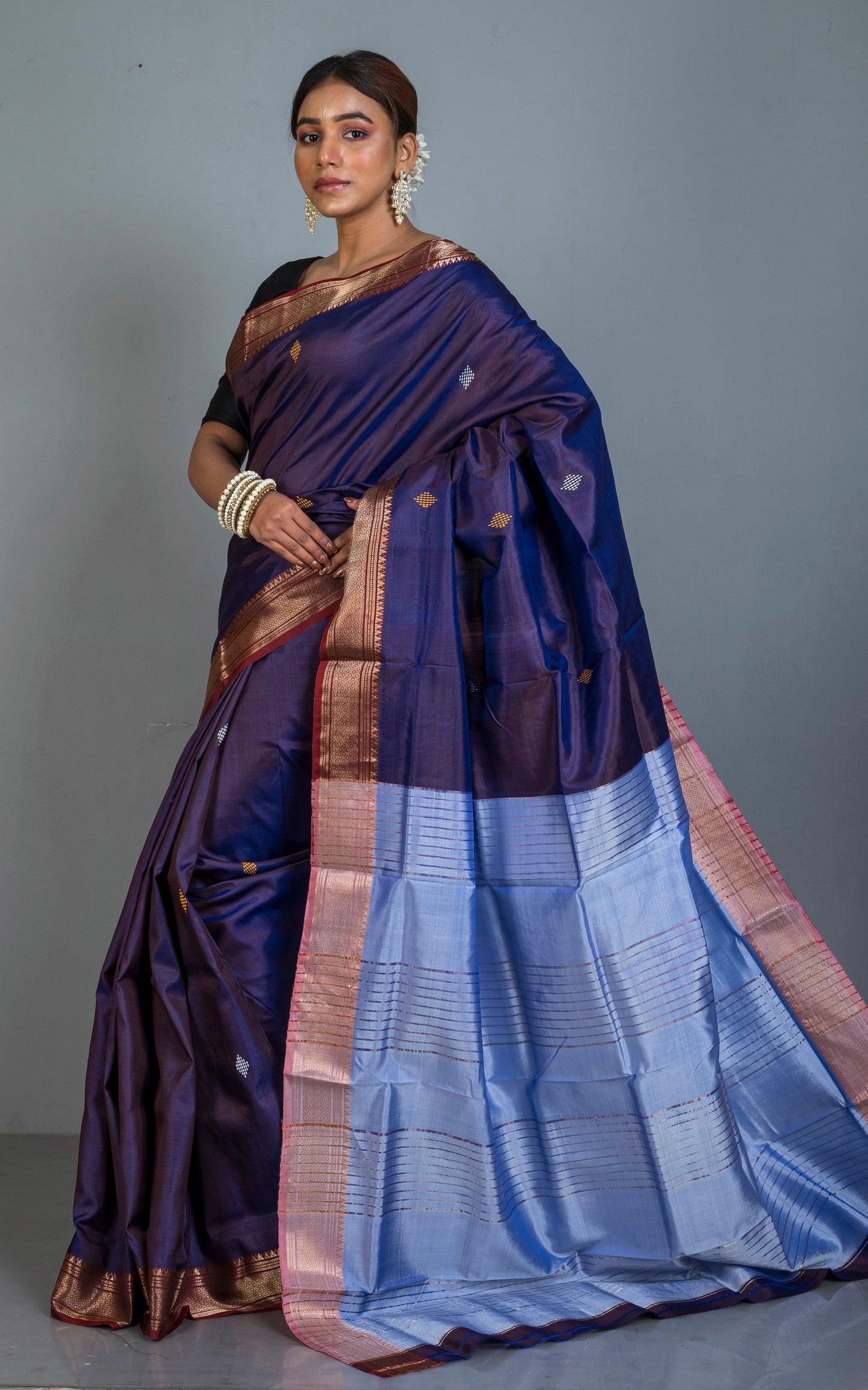 Handwoven Bishnupuri Chatai Medium Border Katan Silk Saree in Byzantine Purple, Pastel Blue and Dark Red