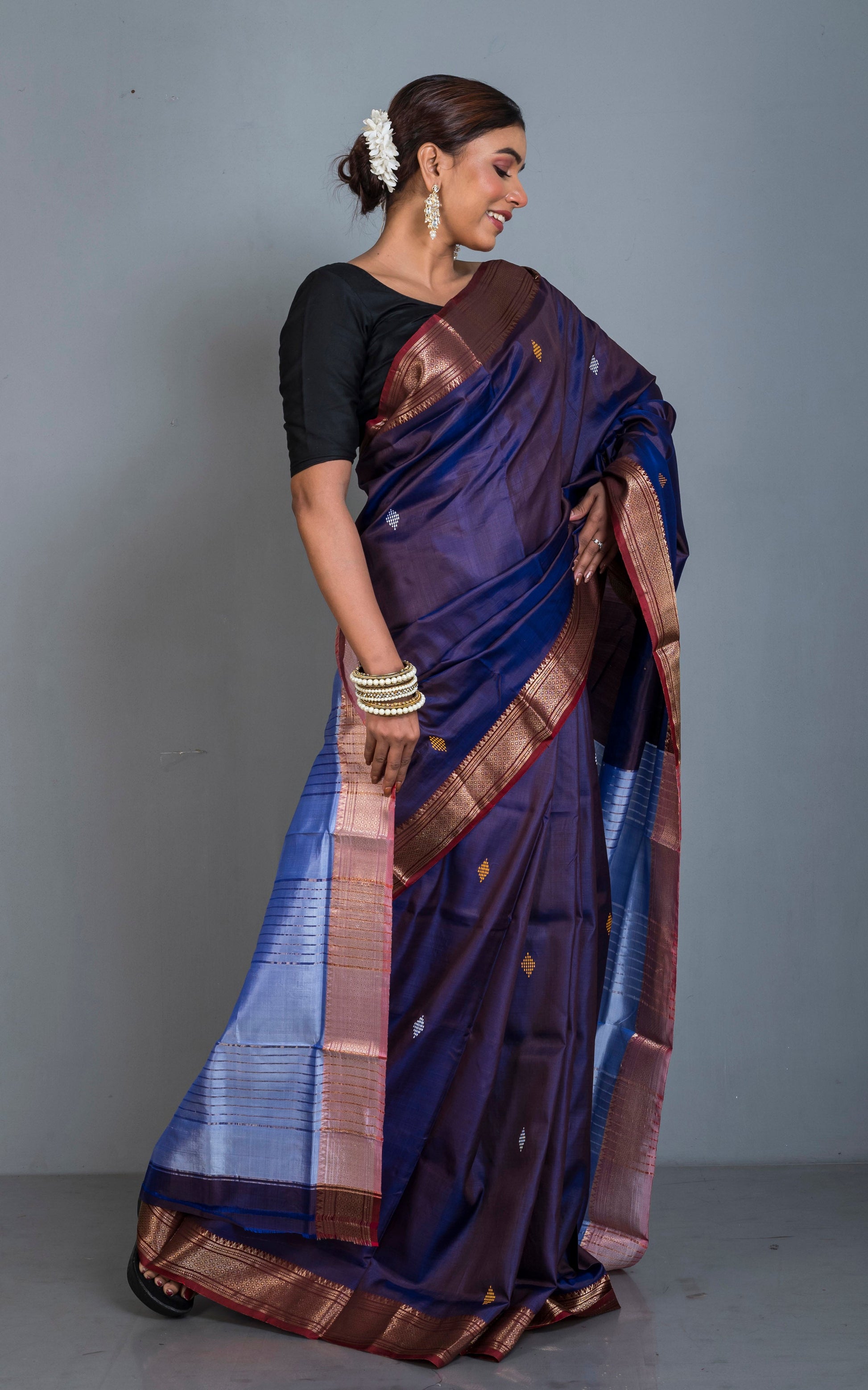 Handwoven Bishnupuri Chatai Medium Border Katan Silk Saree in Byzantine Purple, Pastel Blue and Dark Red