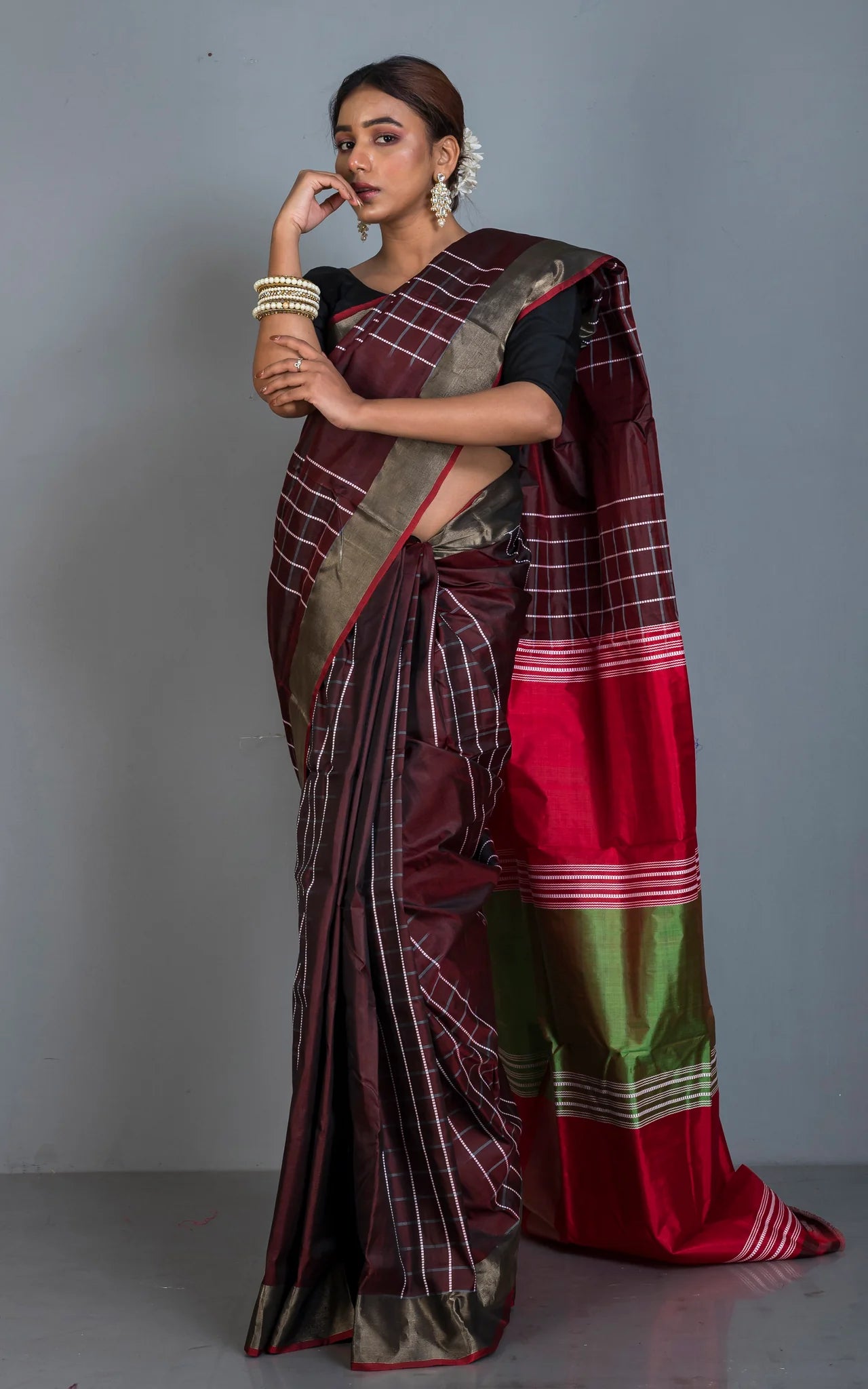 Handwoven Bishnupuri Checks Katan Silk Saree in Garnet, Red, Green and White