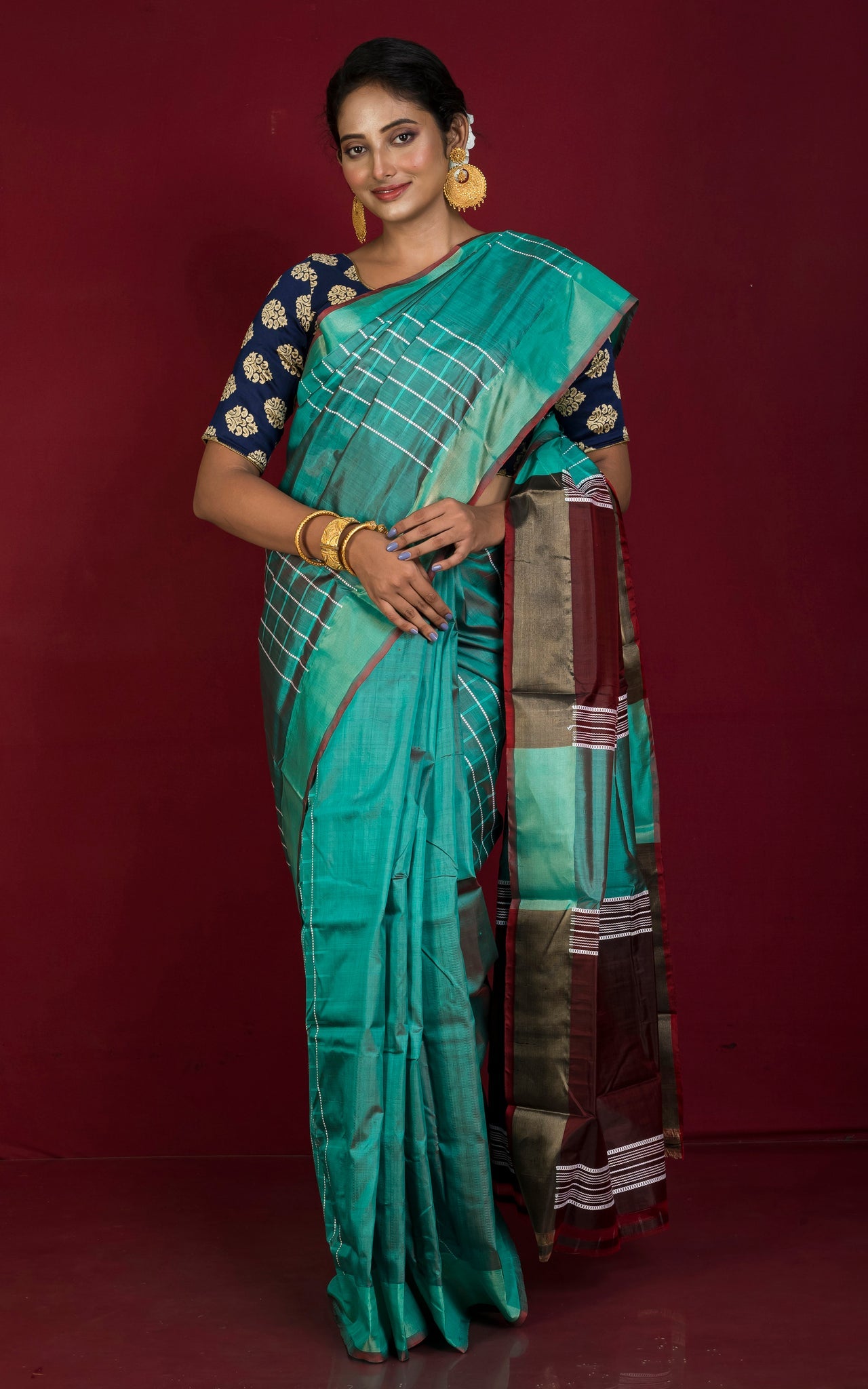 Handwoven Bishnupuri Checks Katan Silk Saree in Myrtle Green, Reddish Brown and White