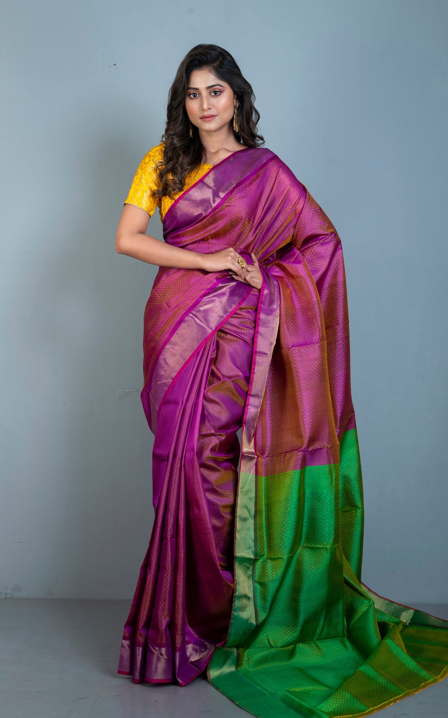 Tanchui Self Woven Nakshi Work Bishnupuri Katan Silk Saree in Purple, Green and Antique Gold