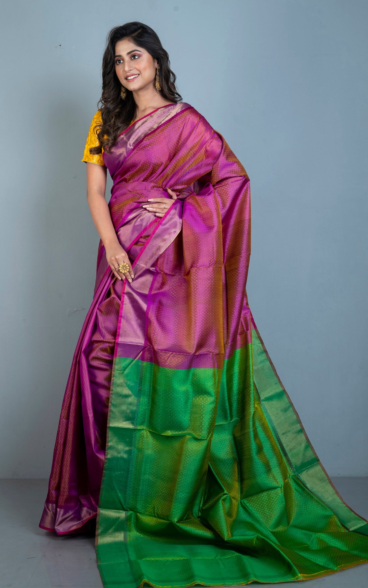 Tanchui Self Woven Nakshi Work Bishnupuri Katan Silk Saree in Purple, Green and Antique Gold