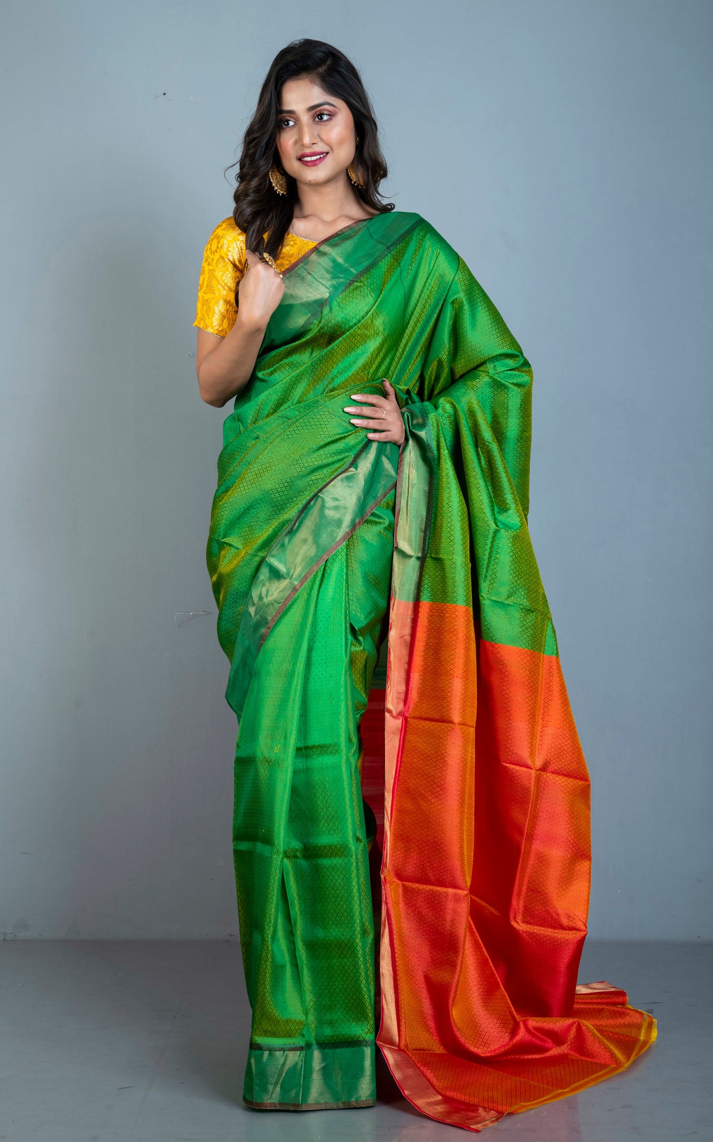 Tanchui Self Woven Nakshi Work Bishnupuri Katan Silk Saree in Kelly Green, Saffron Orange and Antique Gold