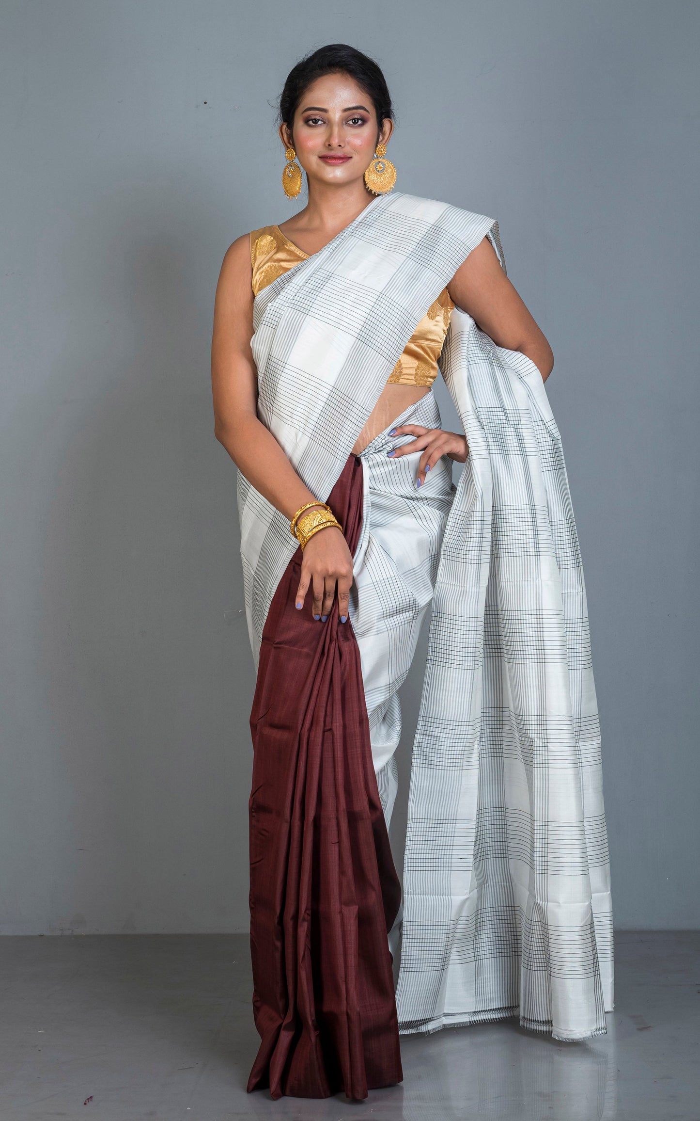 Half and Half Soft Bishnupuri Designer Katan Silk Saree in Off White, Black and Penny Brown